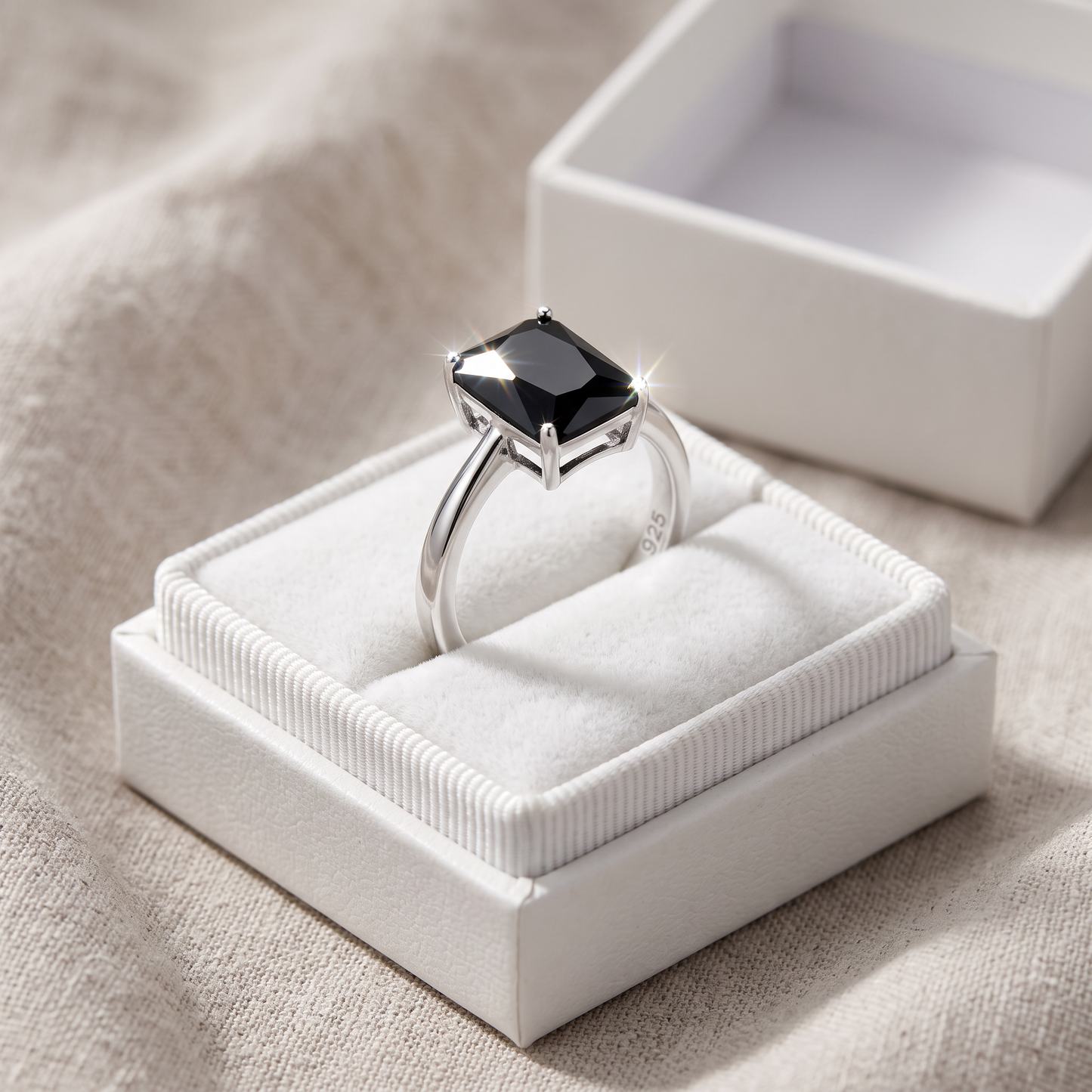 Sterling Silver Solitaire Emerald Cut Black CZ Ring in a white gift box, solitaire emerald cut black cz gift for her