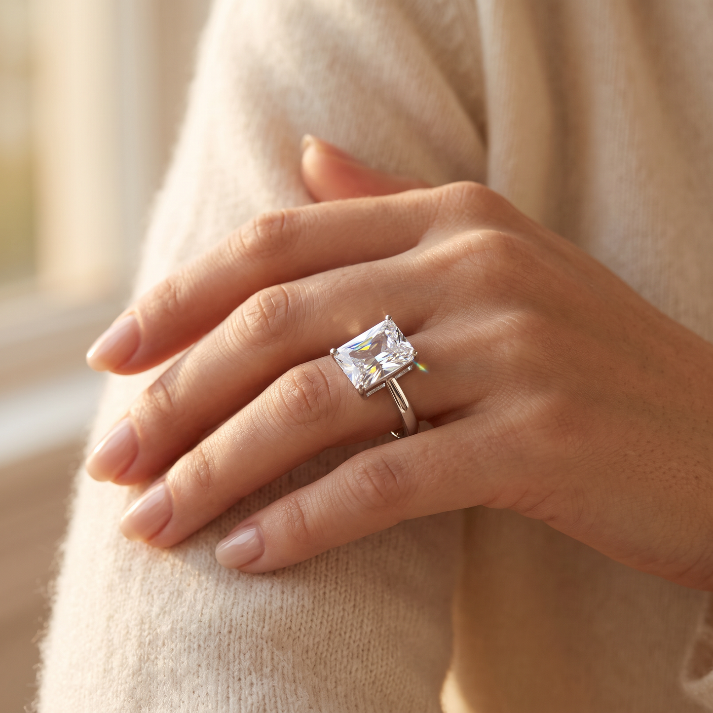 Sterling Silver Solitaire Emerald Cut Clear CZ Ring worn on a woman's hand in warm window light