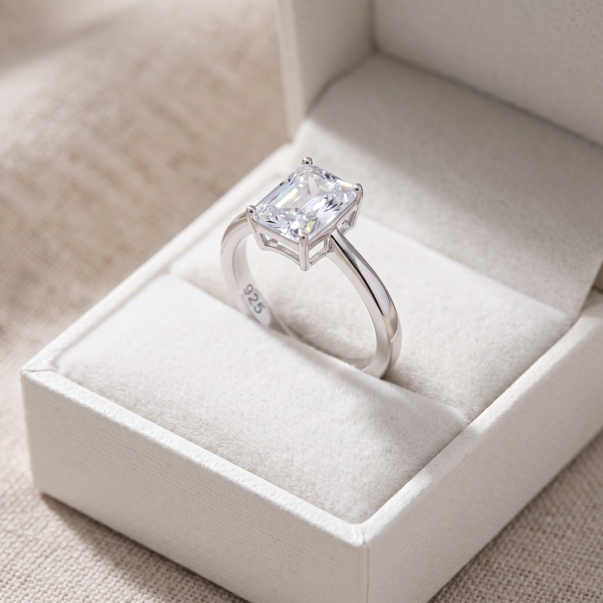 Sterling Silver Solitaire Emerald Cut Clear CZ Ring in a white gift box, solitaire emerald cut clear cz gift for her