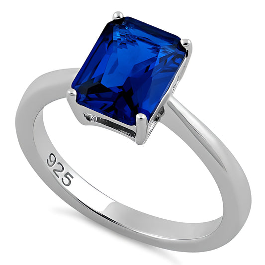 Sterling Silver Solitaire Emerald Cut Blue Spinel CZ Ring for Women, Emerald Cubic Zirconia, Promise Ring Gift
