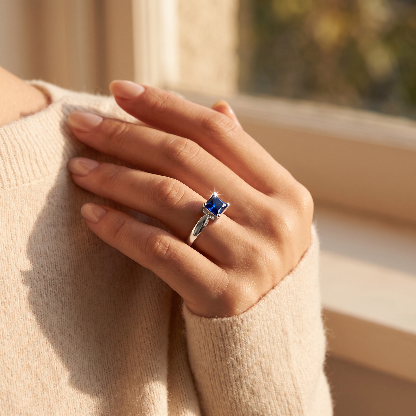 Sterling Silver Square Blue Spinel CZ Ring worn on a woman's hand in warm window light