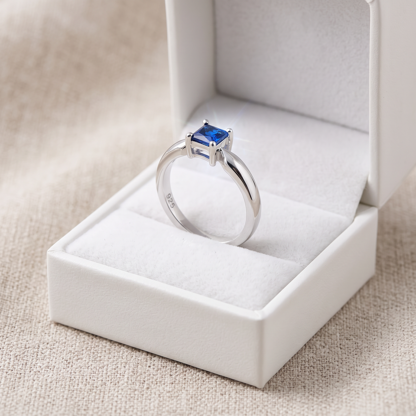 Sterling Silver Square Blue Spinel CZ Ring in a white gift box, square blue spinel cz gift for her