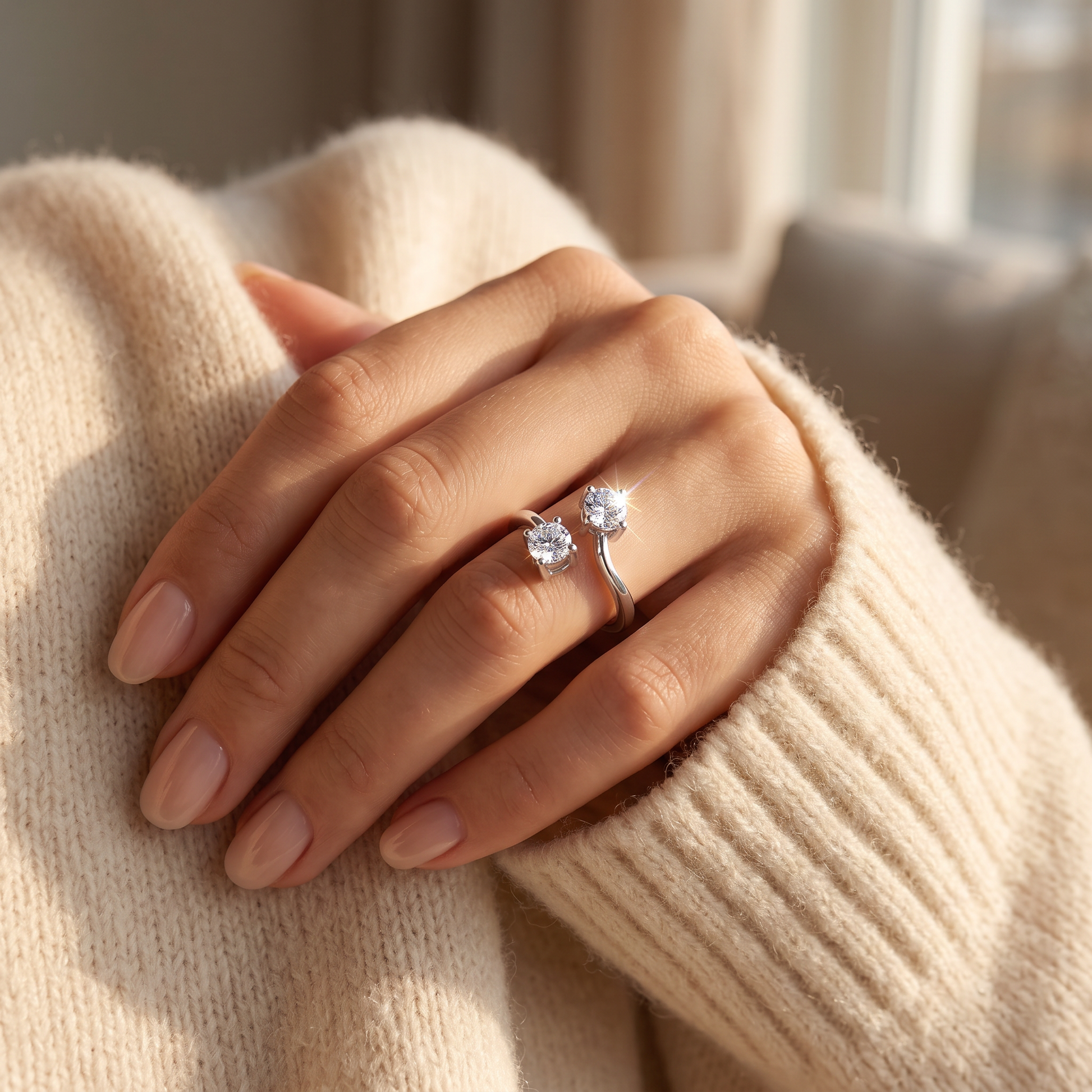 Sterling Silver Dual Round Cut Clear CZ Ring worn on a woman's hand in warm window light
