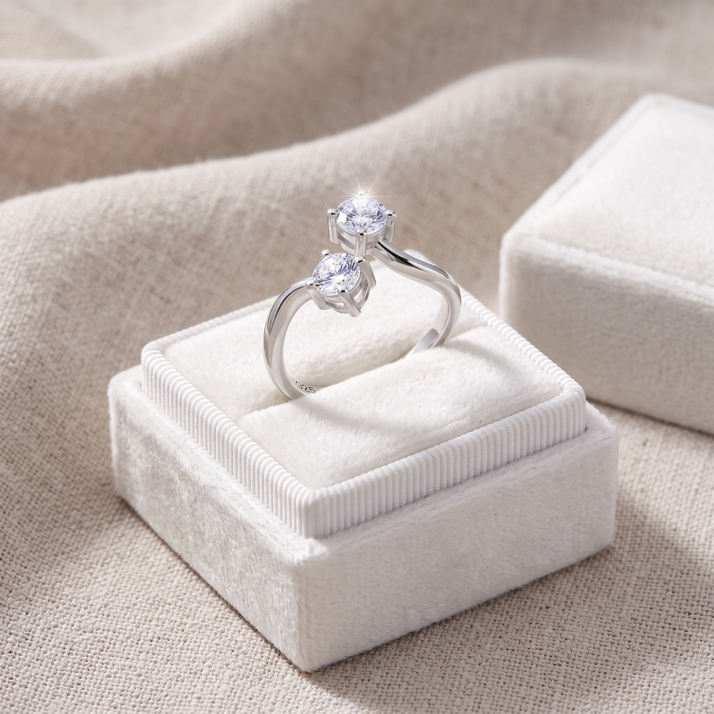 Sterling Silver Dual Round Cut Clear CZ Ring in a white gift box, dual round cut clear cz gift for her