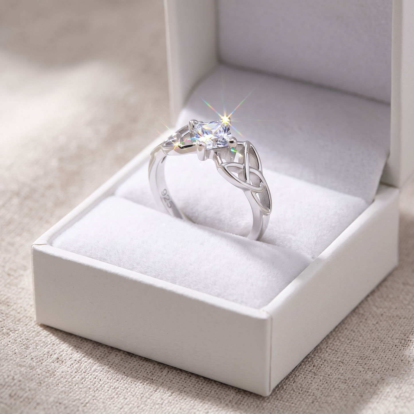 Sterling Silver Celtic Princess Cut Clear CZ Ring in a white gift box, celtic princess cut clear cz gift for her