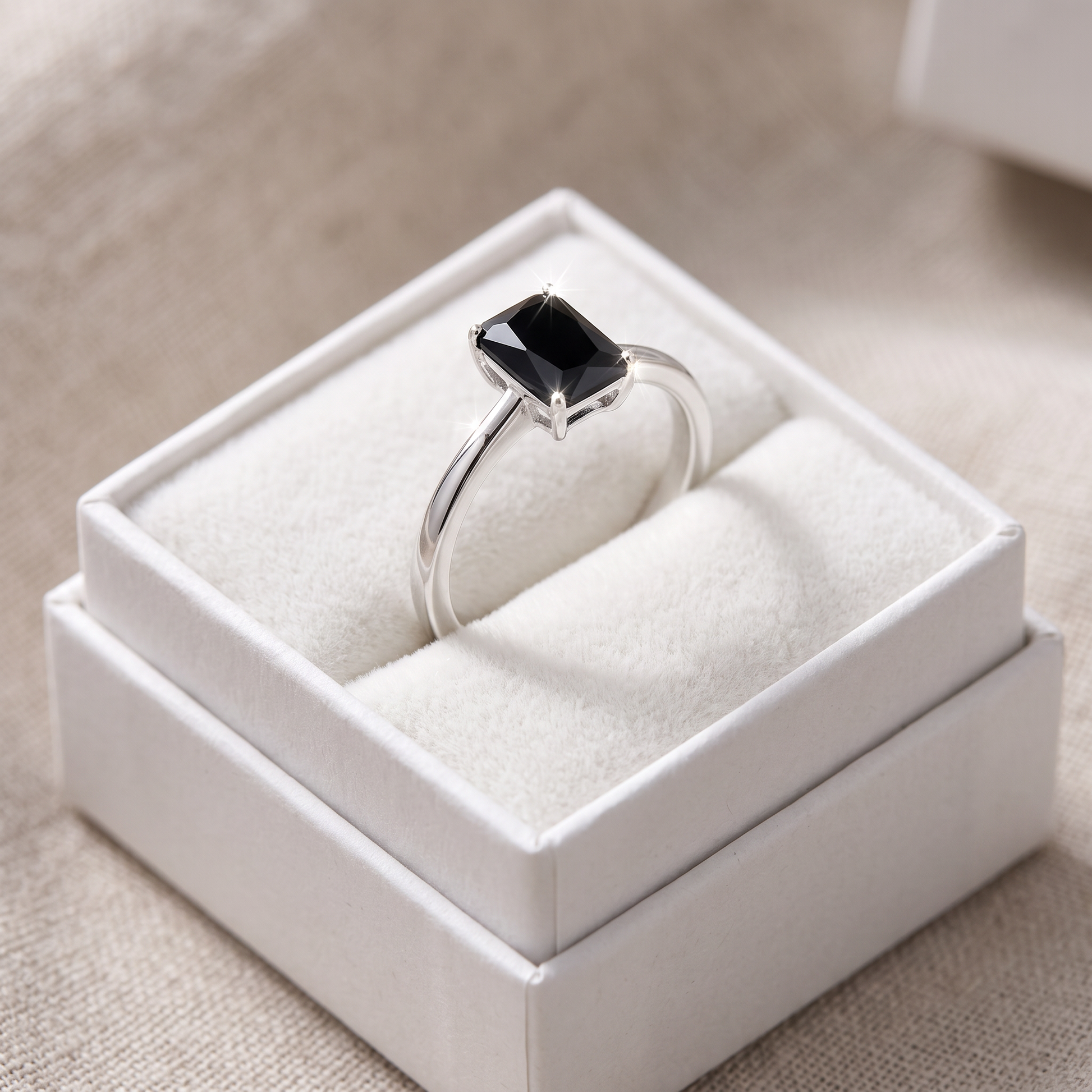 Sterling Silver Black Radiant Cut CZ Ring in a white gift box, black radiant cut cz gift for her