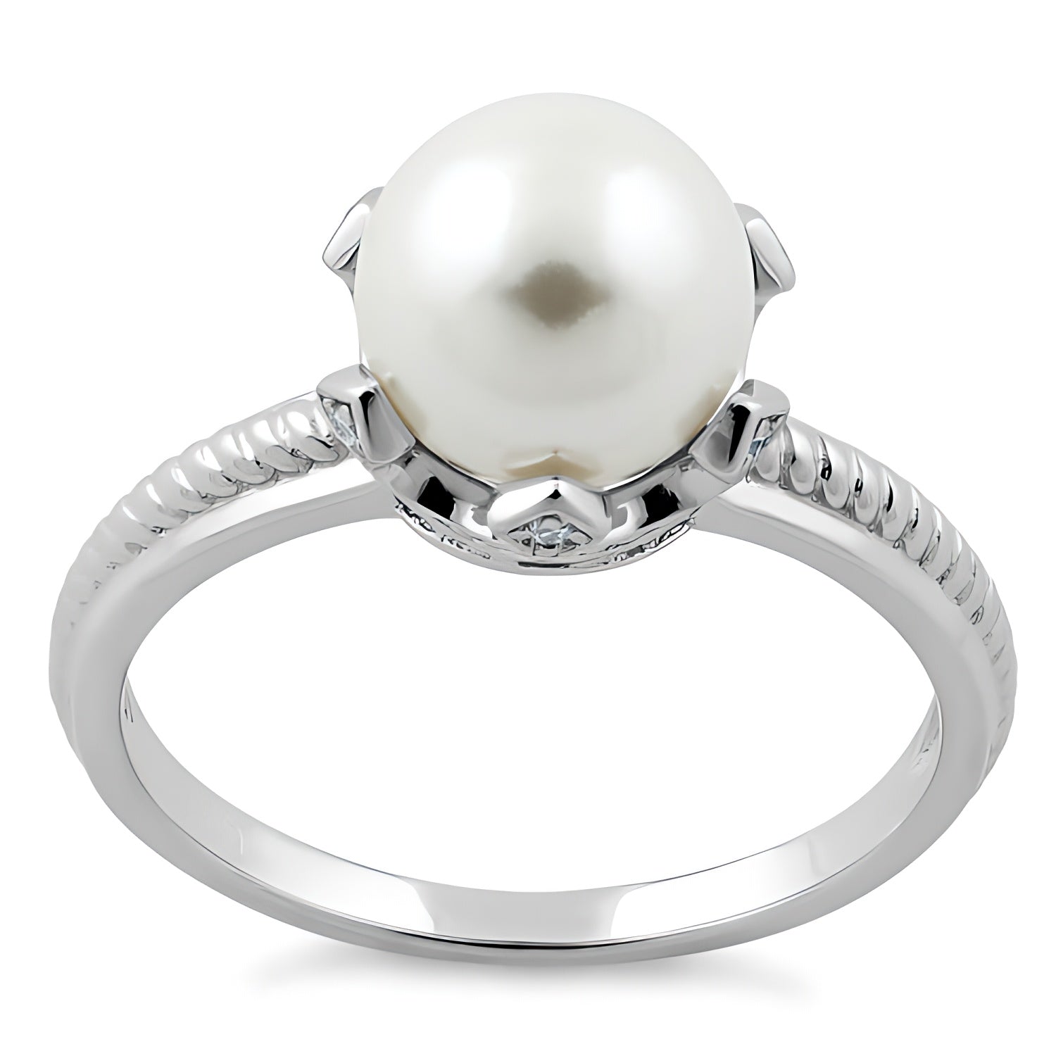 Sterling Silver King Crown Synthetic Pearl CZ Ring for Women, Cubic Zirconia, Promise Ring Gift view 2
