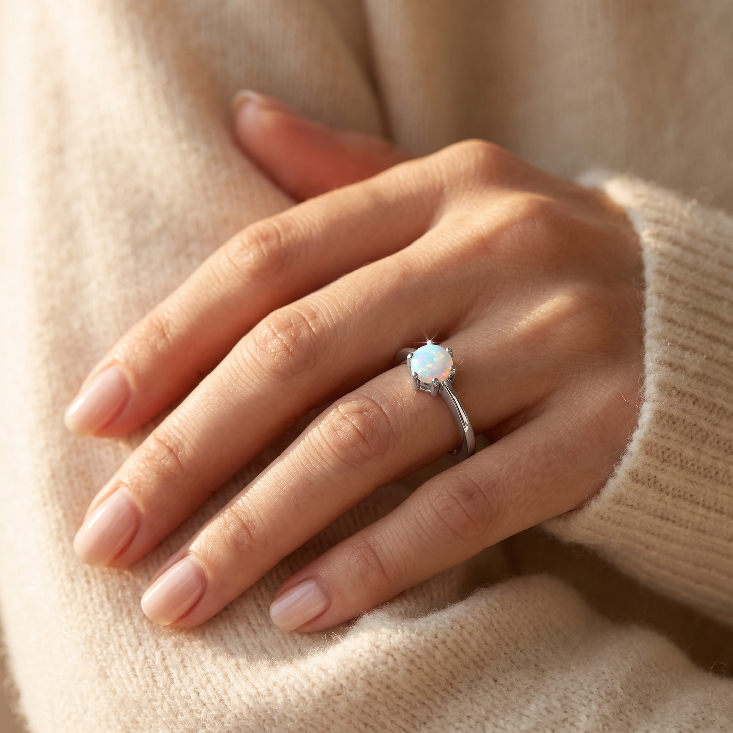 Sterling Silver Round White Lab Opal Ring worn on a woman's hand in warm window light