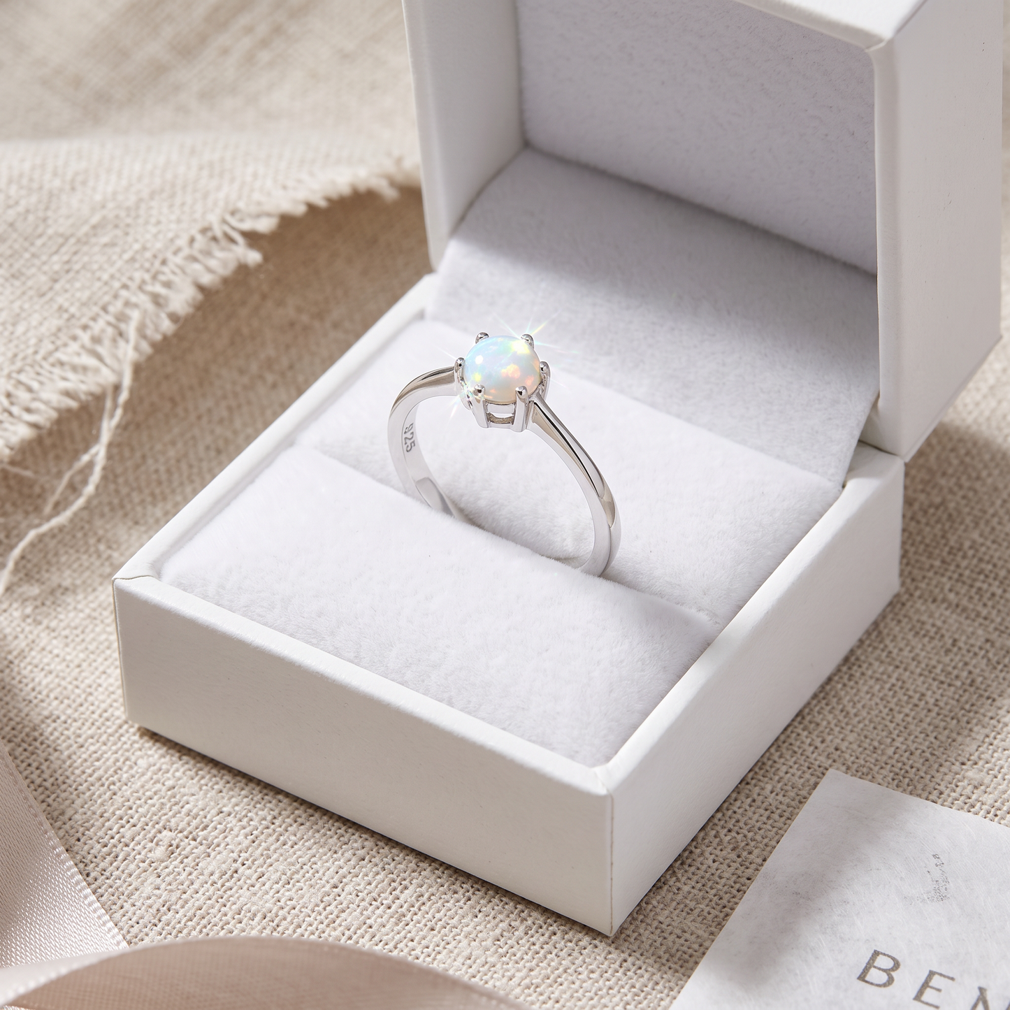 Sterling Silver Round White Lab Opal Ring in a white gift box, round white lab opal gift for her