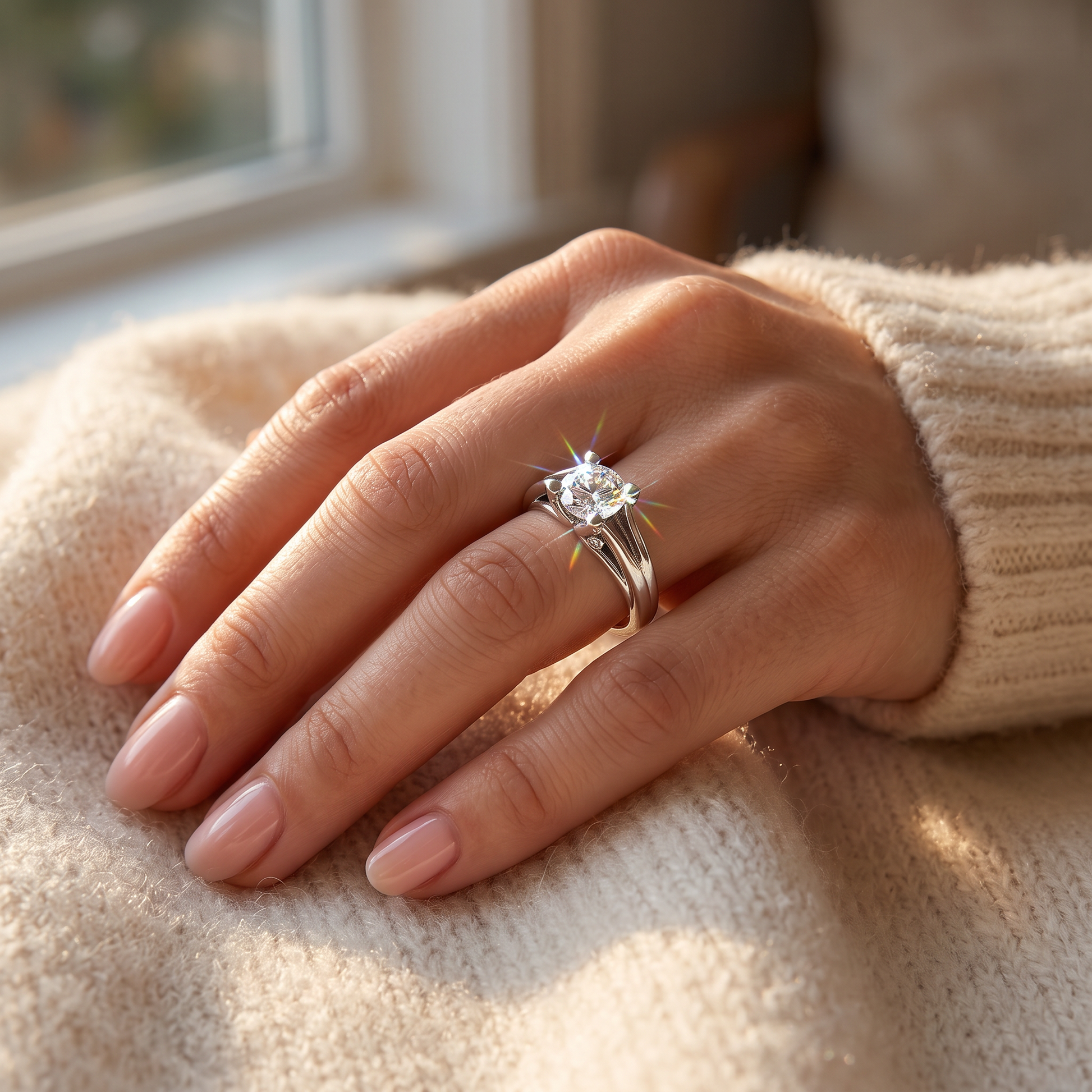 Sterling Silver Round Clear CZ Ring worn on a woman's hand in warm window light