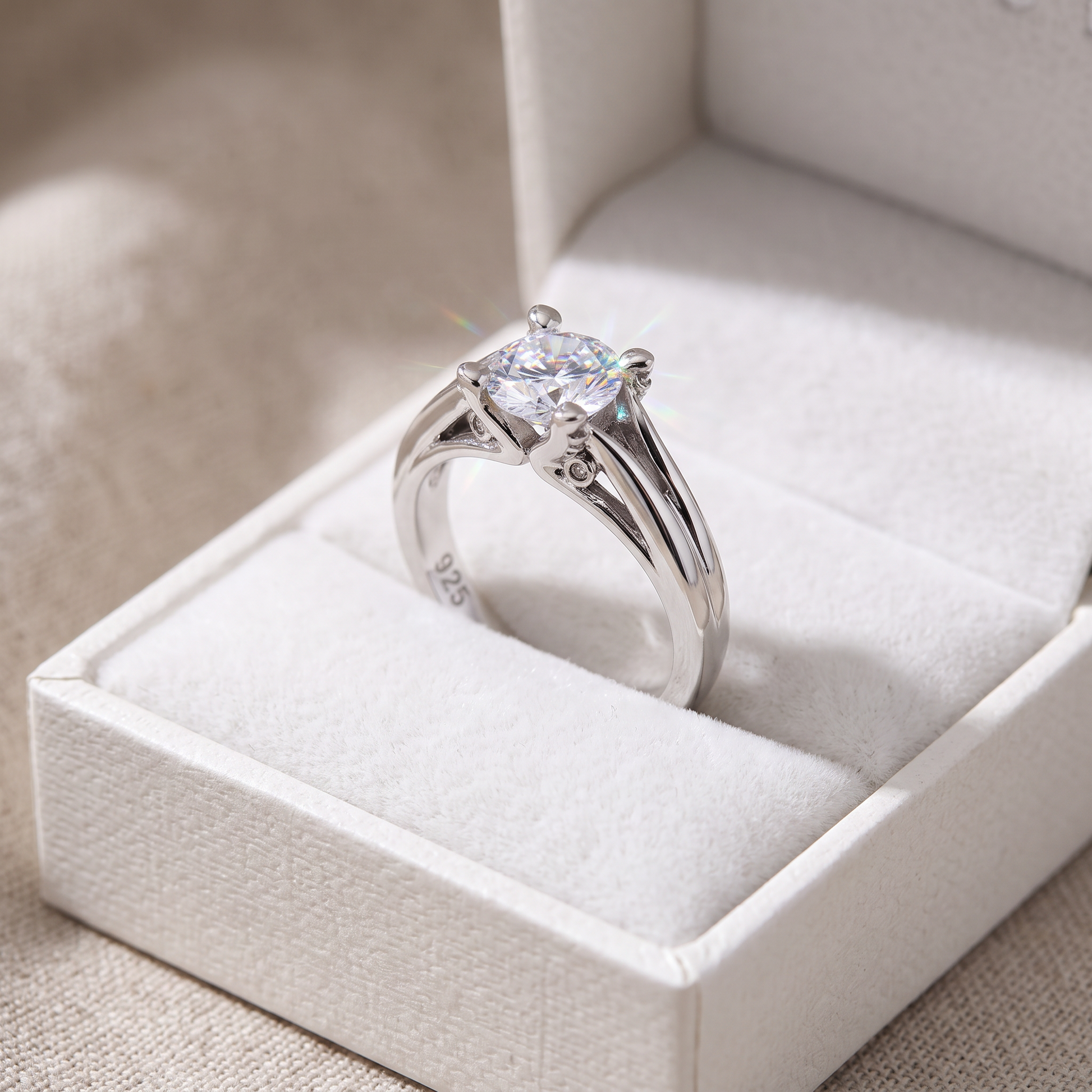 Sterling Silver Round Clear CZ Ring in a white gift box, round clear cz gift for her