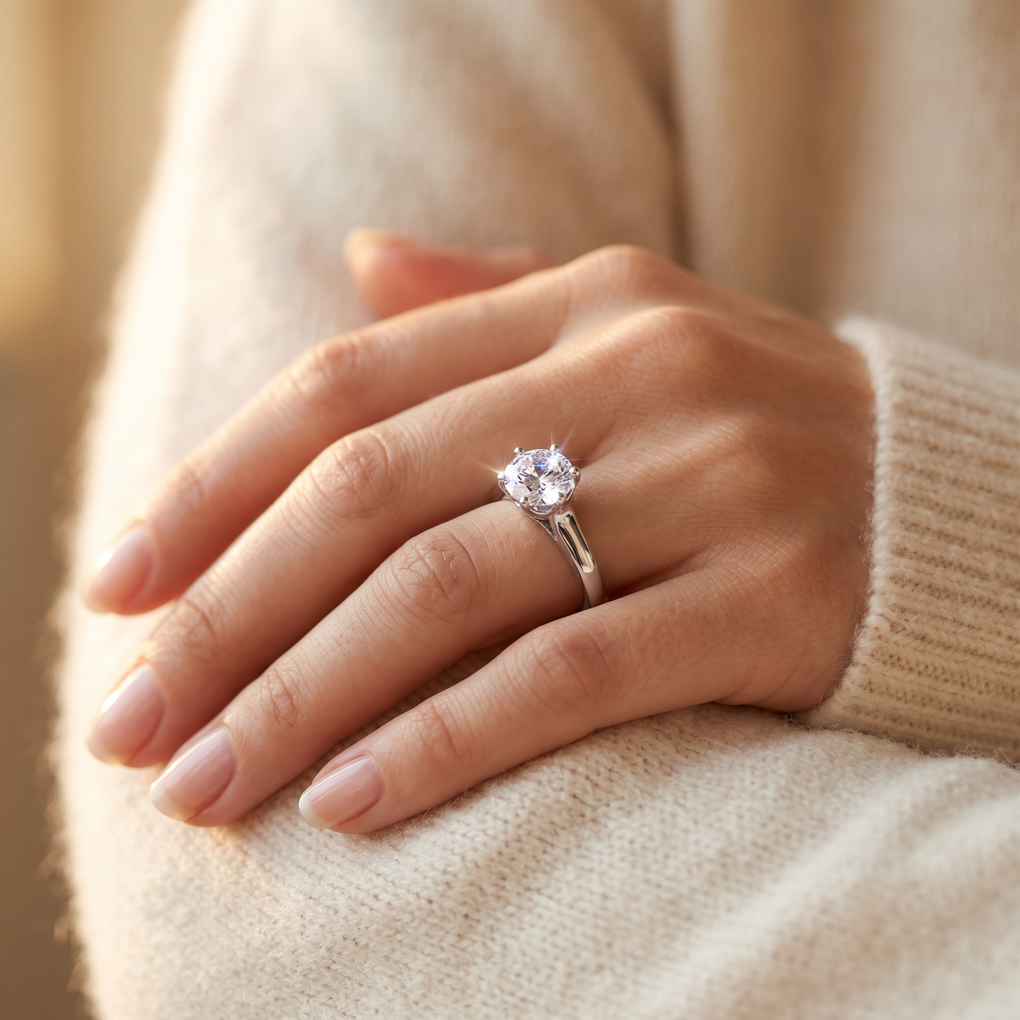 Sterling Silver Solitaire Round Clear CZ Engagement Ring worn on a woman's hand in warm window light