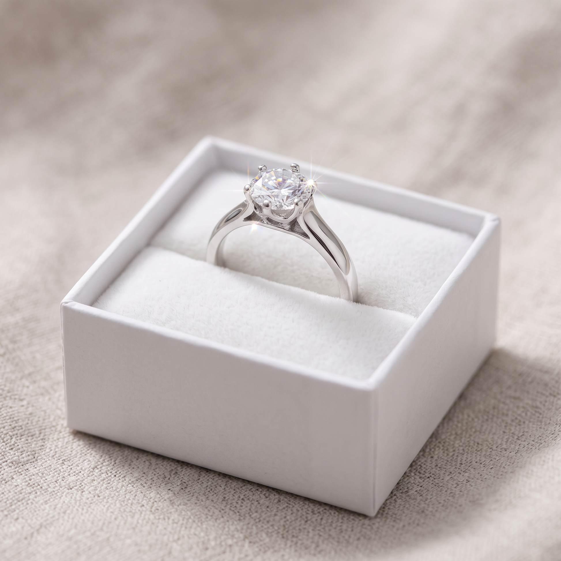Sterling Silver Solitaire Round Clear CZ Engagement Ring in a white gift box, solitaire round clear cz engagement gift for her