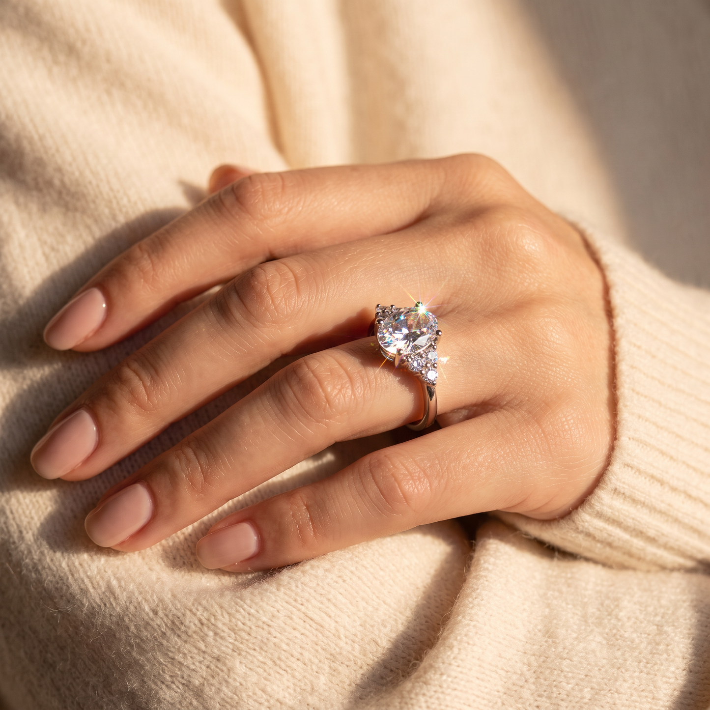 Sterling Silver Clear Oval CZ Engagement Ring worn on a woman's hand in warm window light