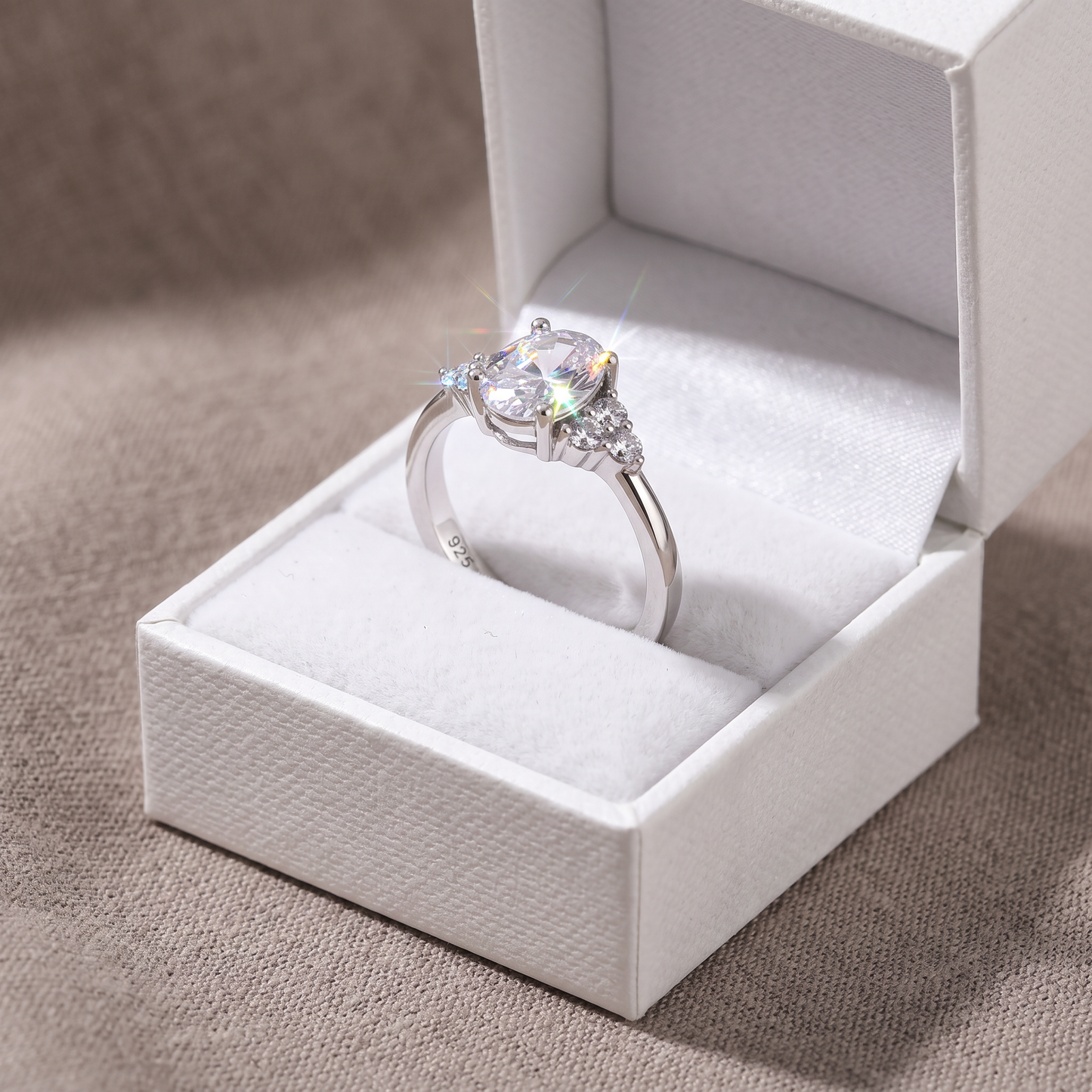 Sterling Silver Clear Oval CZ Engagement Ring in a white gift box, clear oval cz engagement gift for her