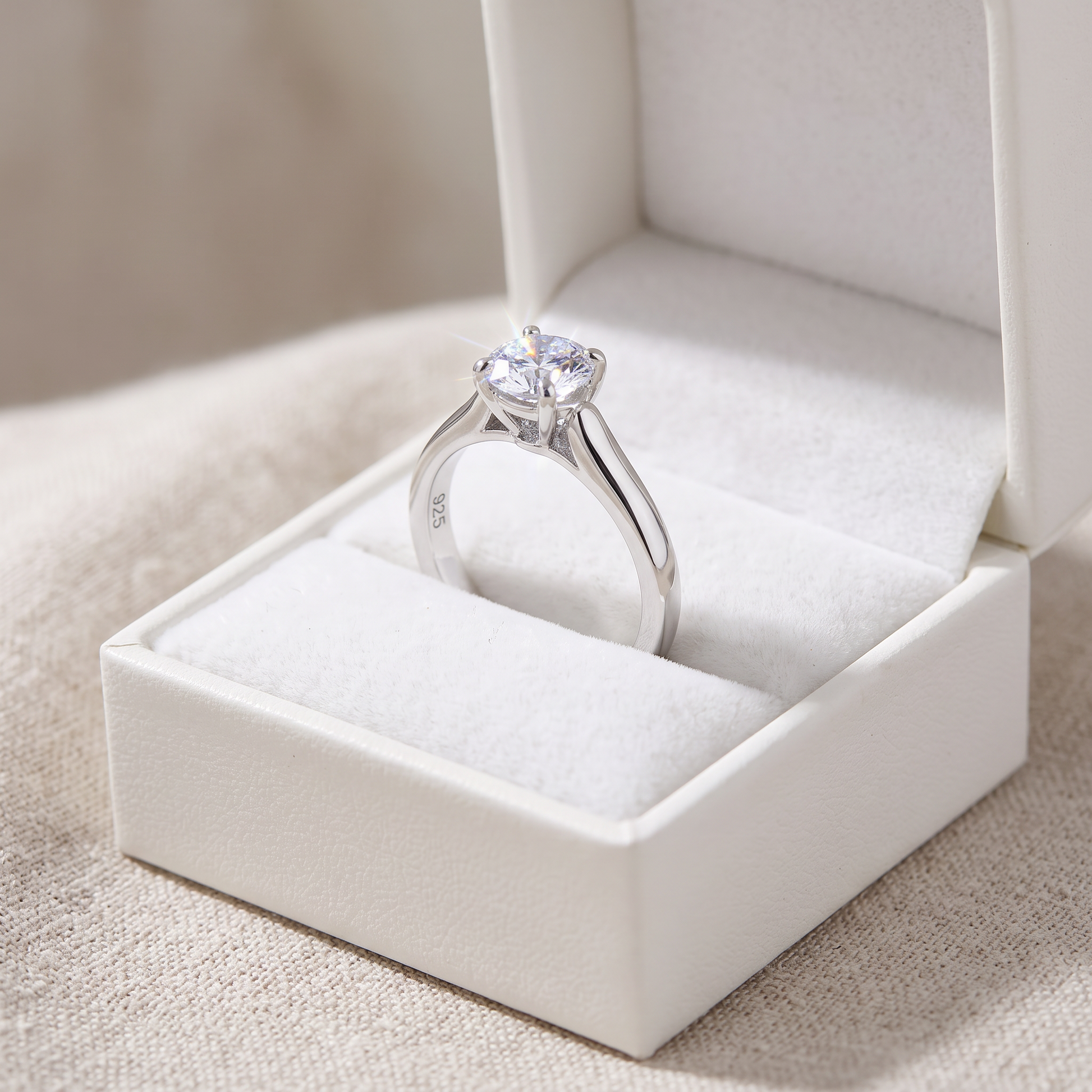 Sterling Silver 6.5mm Clear CZ Cathedral Setting Ring in a white gift box, 6.5mm clear cz cathedral setting gift for her