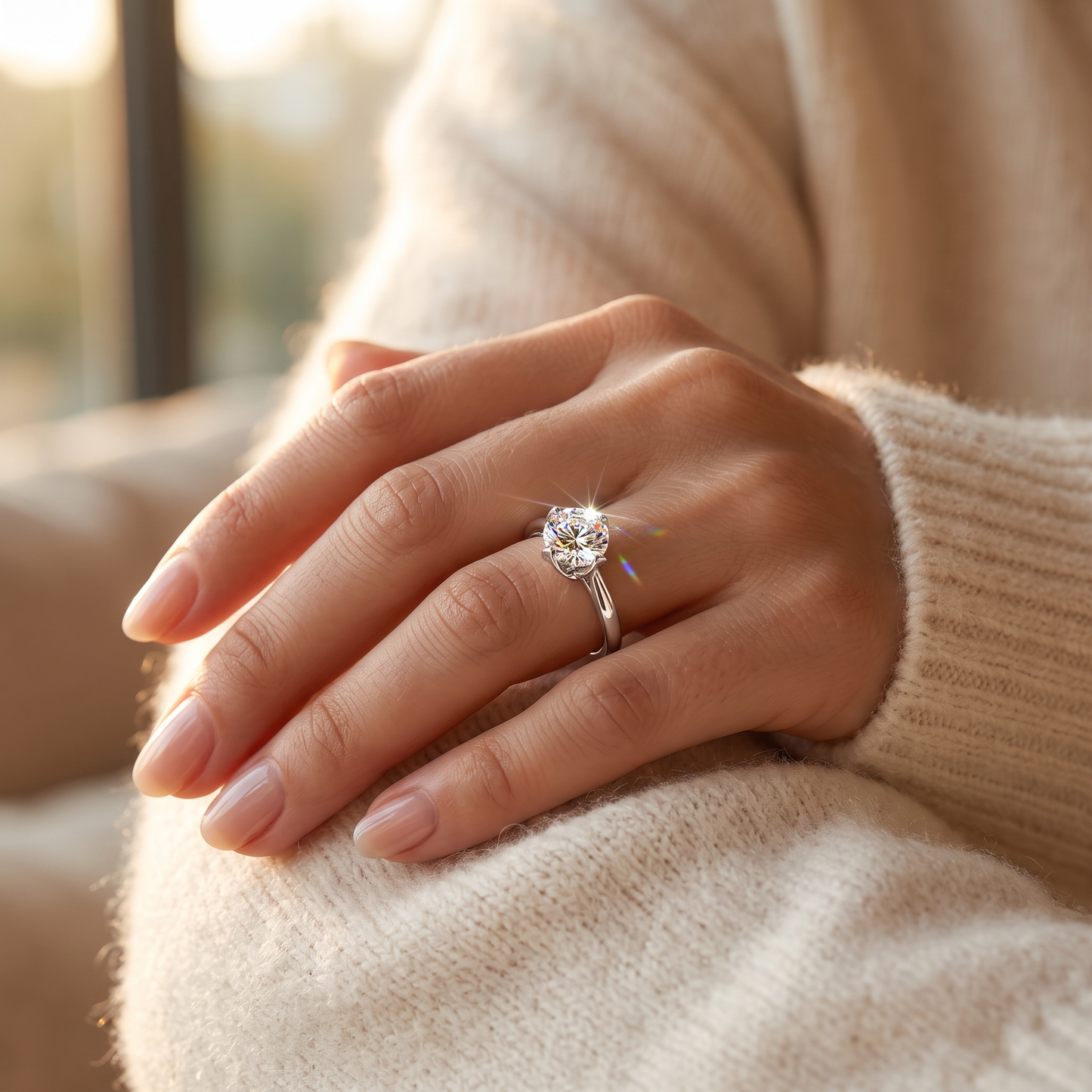 Sterling Silver 6.5mm Clear CZ Four Crossed Prong Setting Ring worn on a woman's hand in warm window light