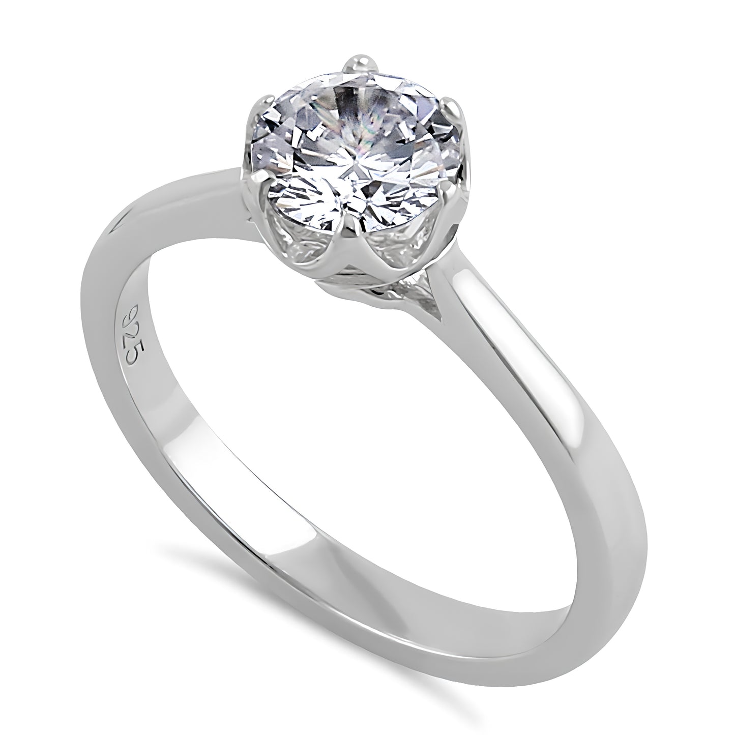 Sterling Silver 6.5mm Clear CZ Six Prong Crown Setting Ring for Women, Cubic Zirconia, Promise Ring Gift