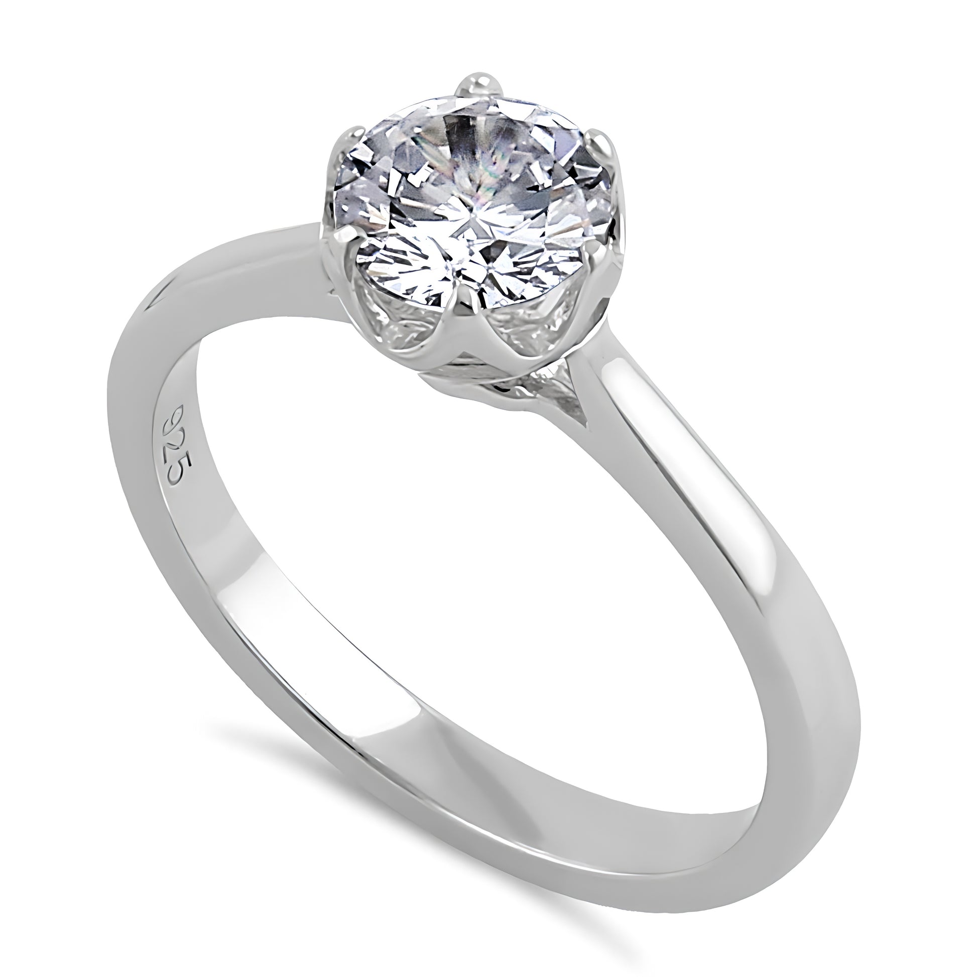 Sterling Silver 6.5mm Clear CZ Six Prong Crown Setting Ring for Women, Cubic Zirconia, Promise Ring Gift