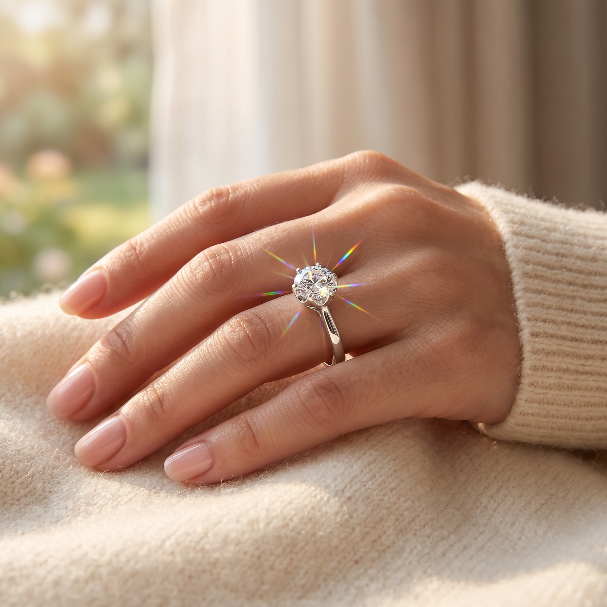 Sterling Silver 6.5mm Clear CZ Six Prong Crown Setting Ring worn on a woman's hand in warm window light