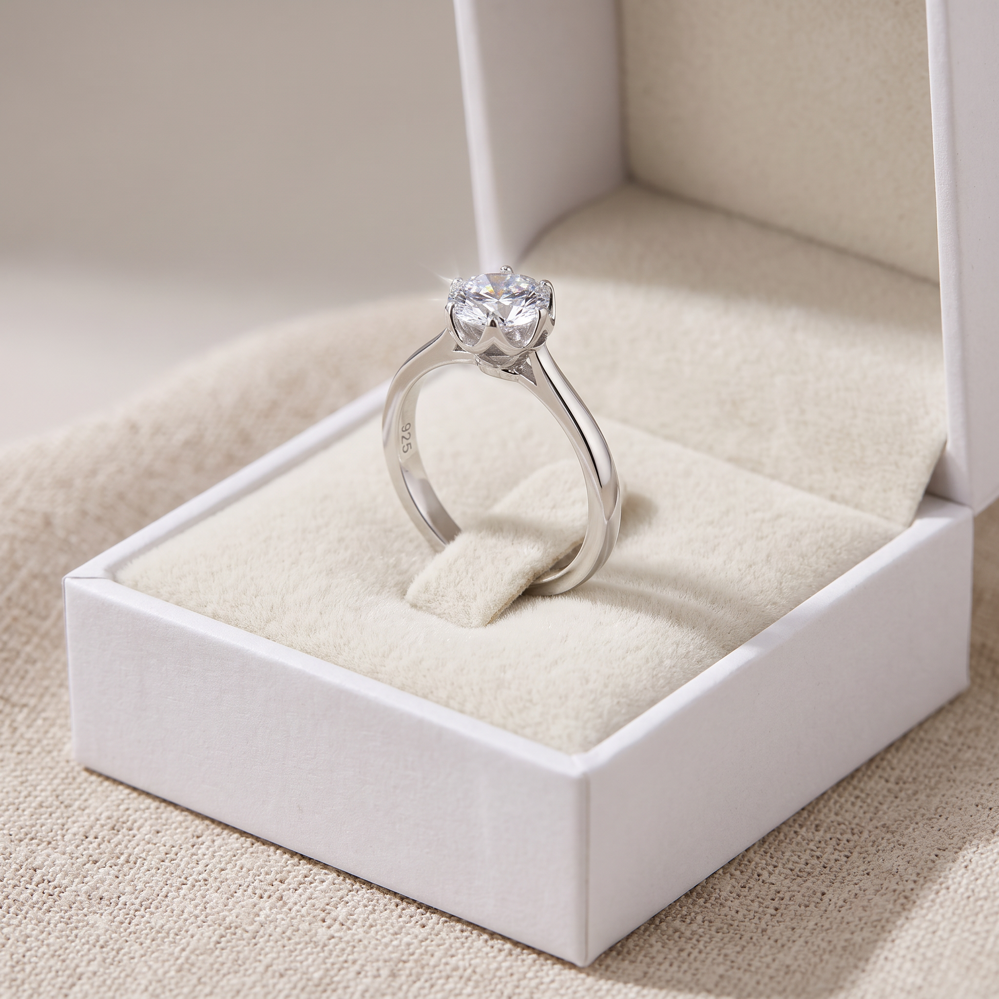 Sterling Silver 6.5mm Clear CZ Six Prong Crown Setting Ring in a white gift box, 6.5mm clear cz six prong crown setting gift for her
