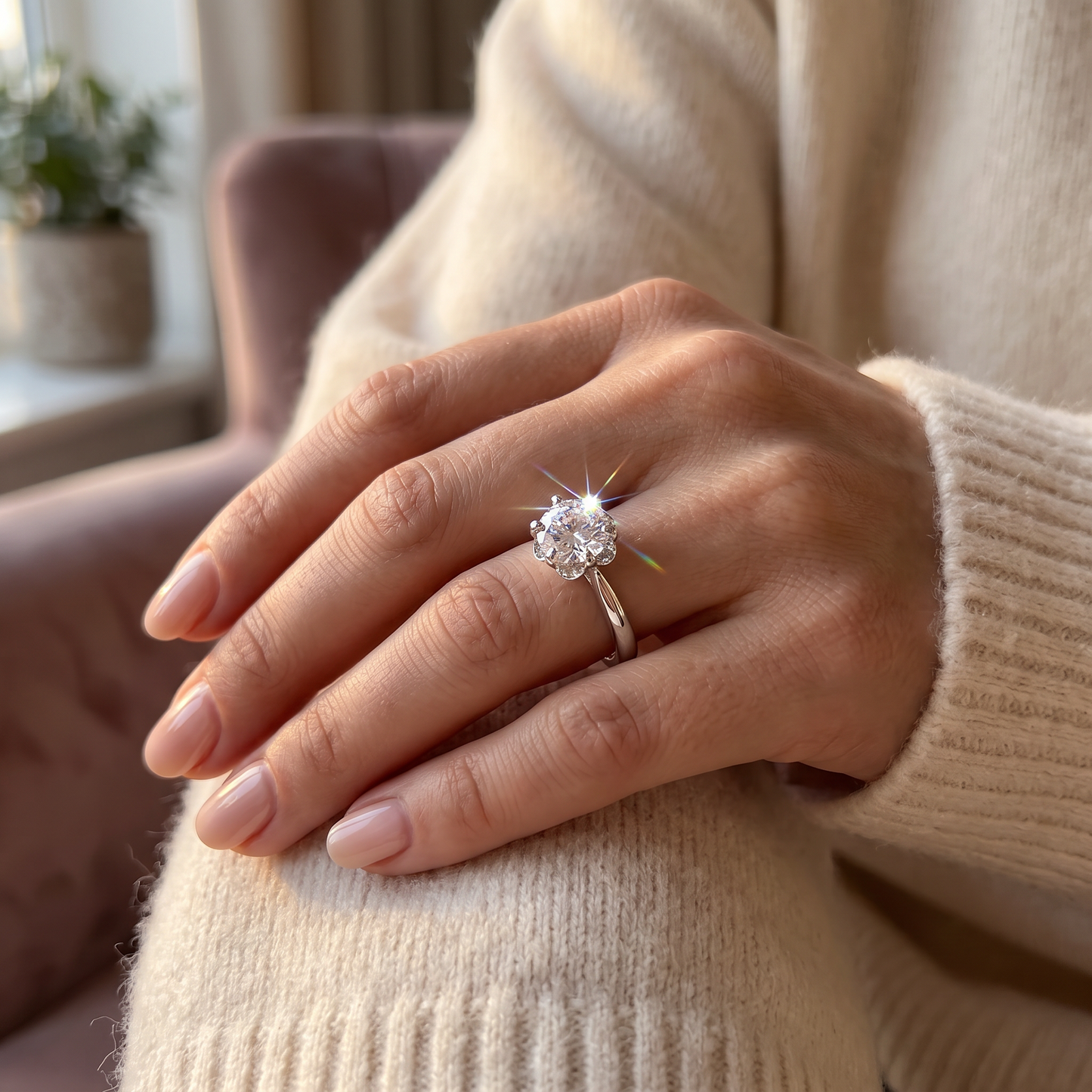 Sterling Silver 6.5mm Clear CZ Small Flower Setting Ring worn on a woman's hand in warm window light