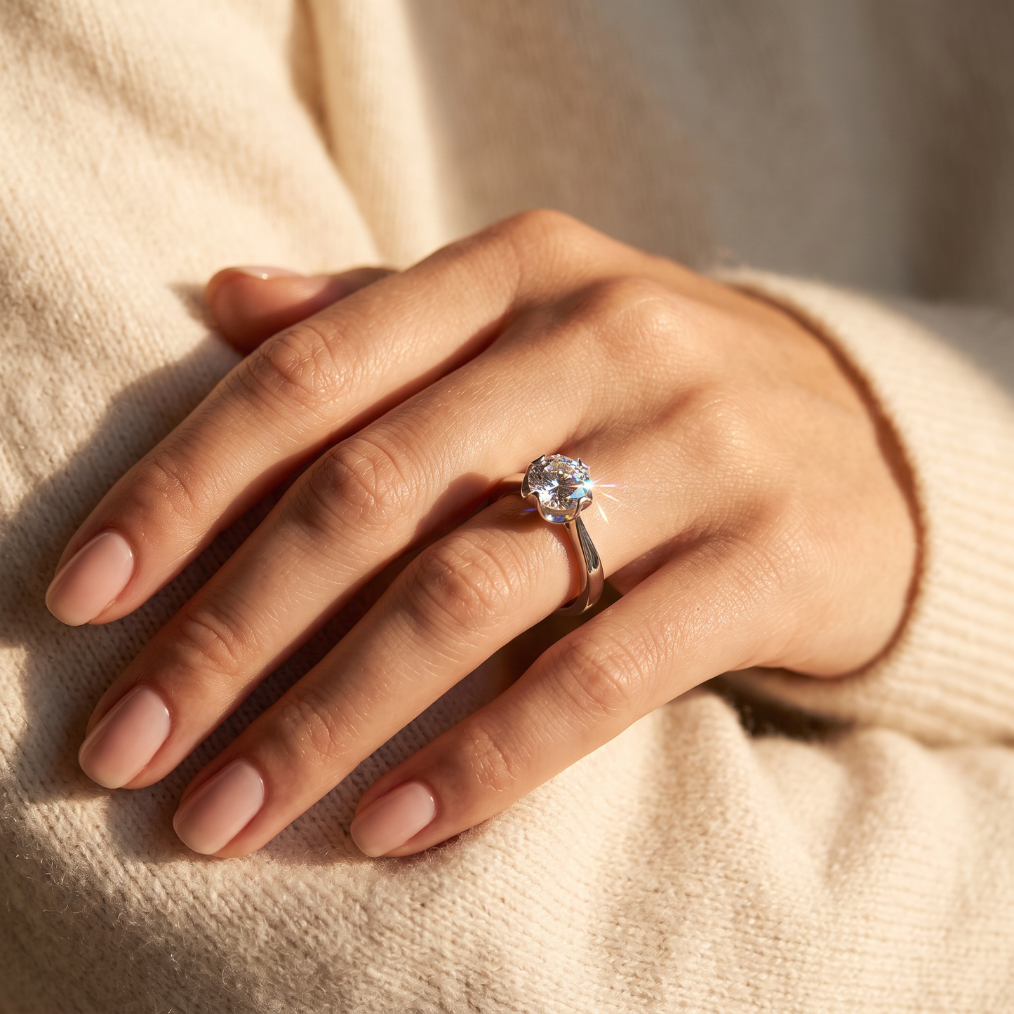 Sterling Silver 6.5mm Clear CZ Six Crossed Prong Setting Ring worn on a woman's hand in warm window light