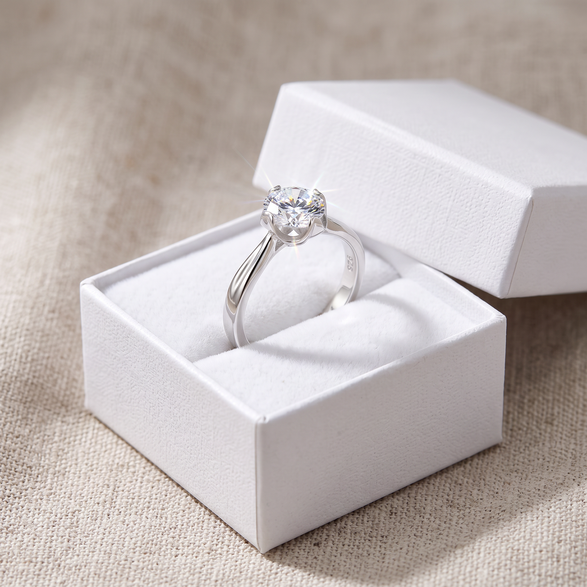 Sterling Silver 6.5mm Clear CZ Six Crossed Prong Setting Ring in a white gift box, 6.5mm clear cz six crossed prong setting gift for her