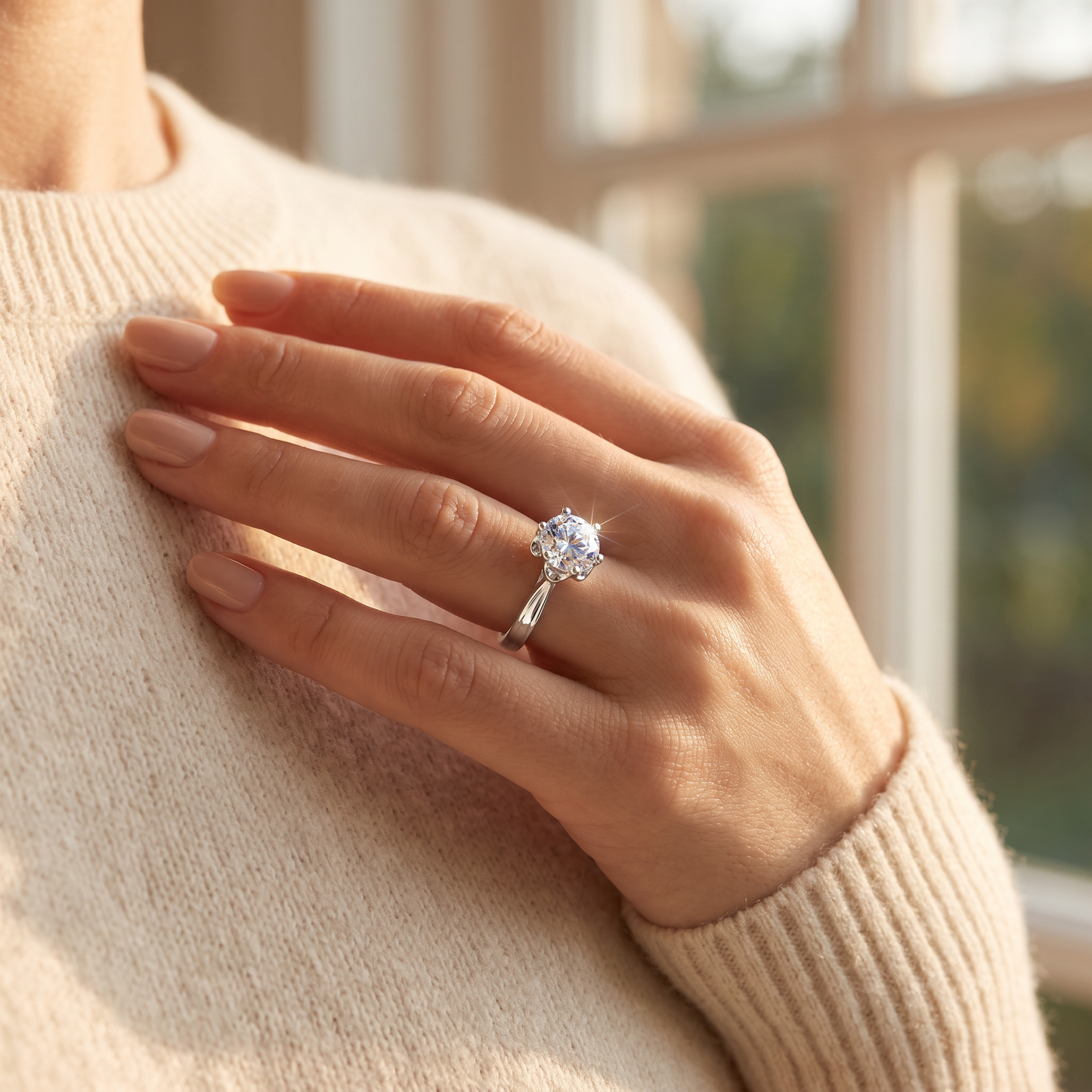 Sterling Silver 6.5mm Clear CZ Flower Setting Ring worn on a woman's hand in warm window light