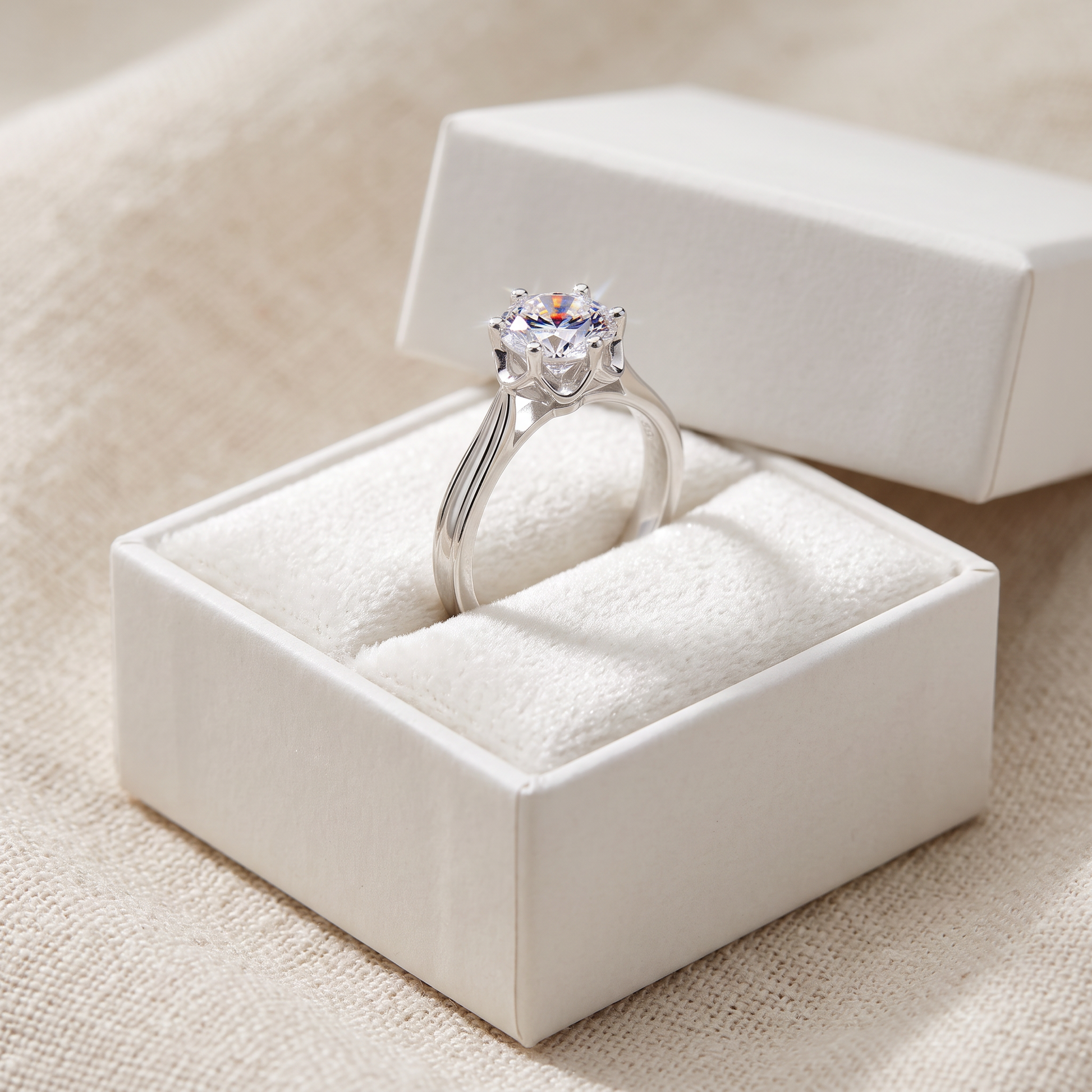 Sterling Silver 6.5mm Clear CZ Flower Setting Ring in a white gift box, 6.5mm clear cz flower setting gift for her