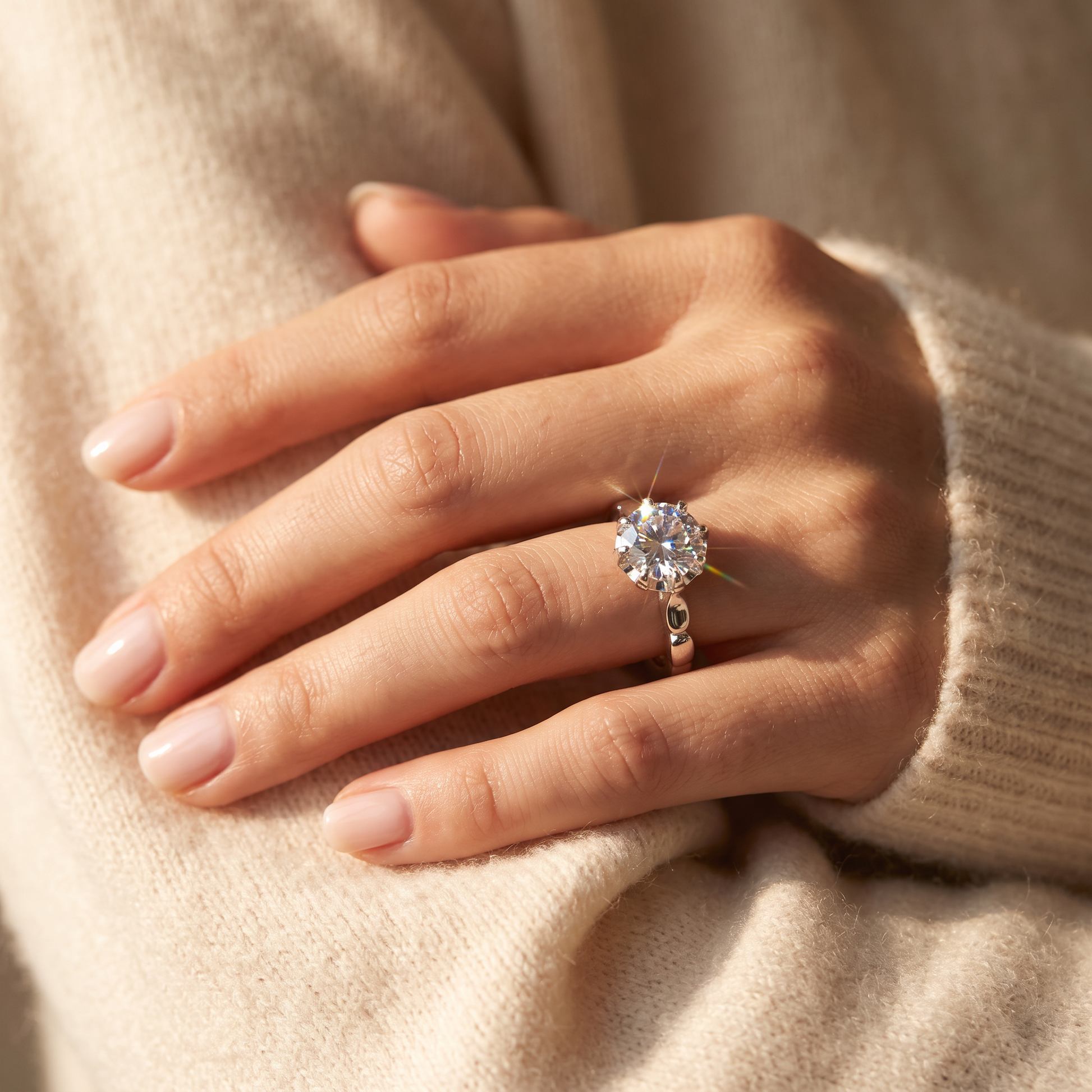 Sterling Silver 6.5mm Clear CZ Vintage Crown Setting Ring worn on a woman's hand in warm window light