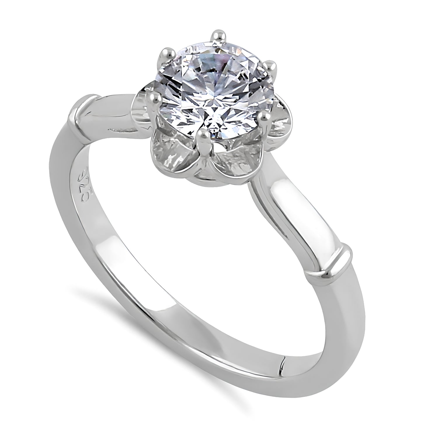 Sterling Silver 6.5mm Clear CZ Flower Setting Ring for Women, Cubic Zirconia, Promise Ring Gift
