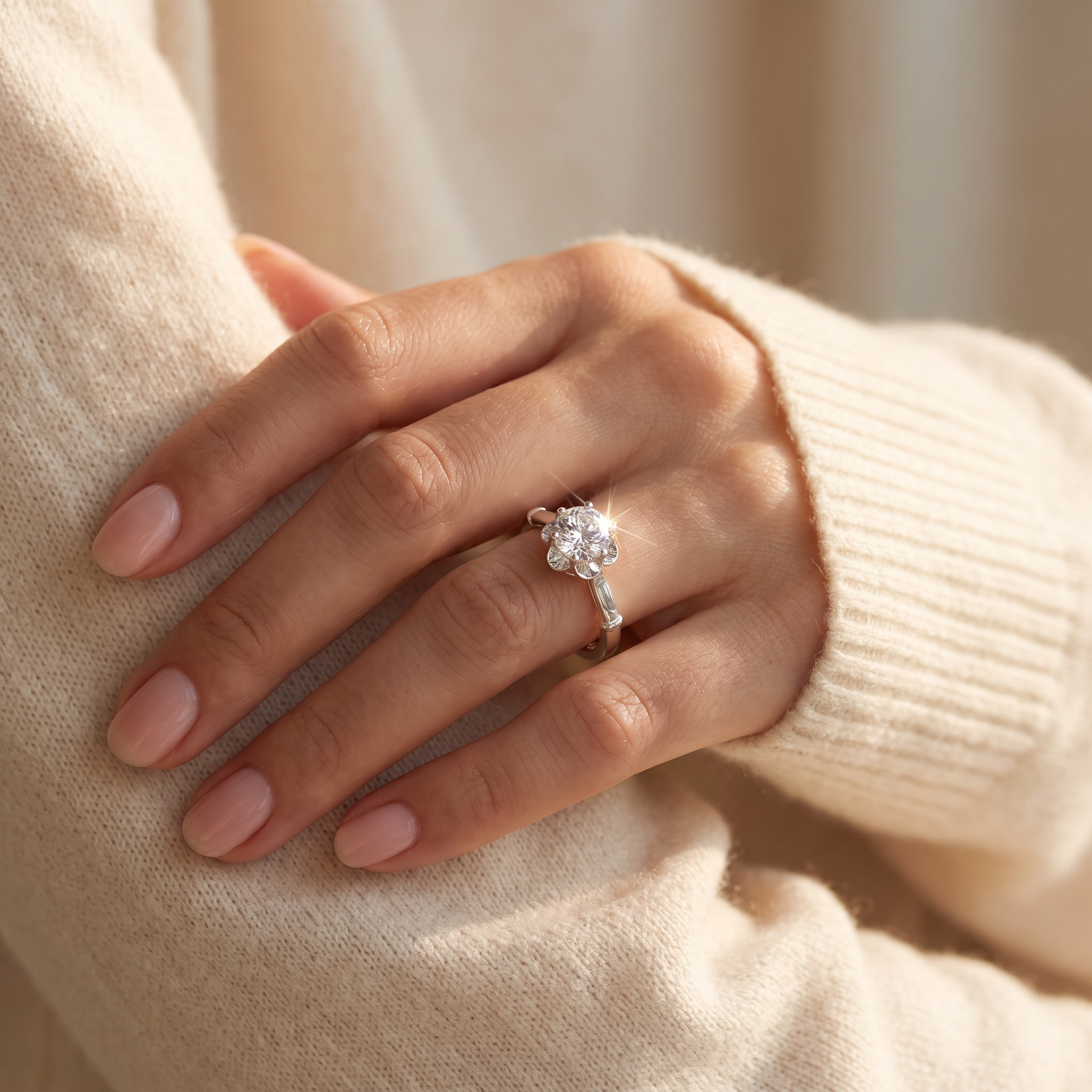 Sterling Silver 6.5mm Clear CZ Flower Setting Ring worn on a woman's hand in warm window light