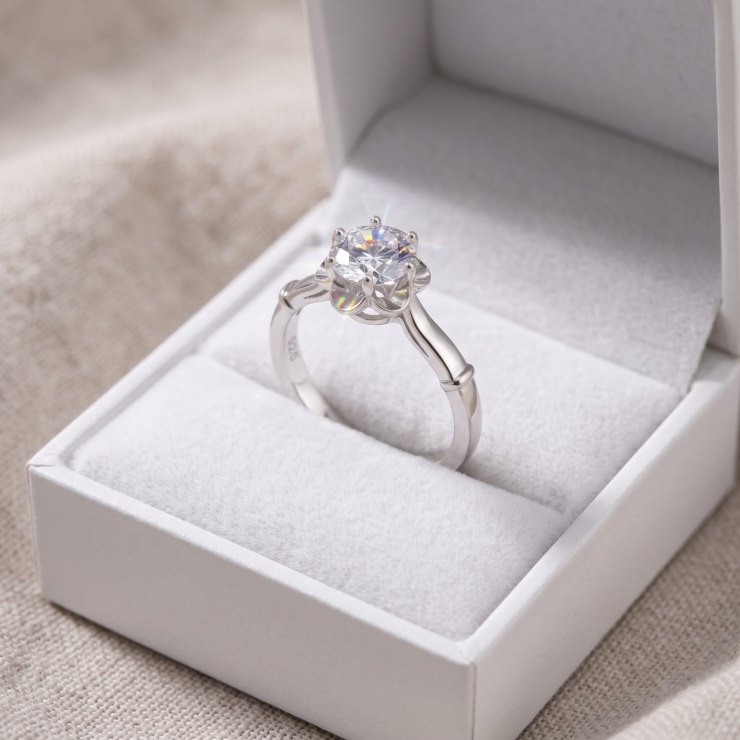Sterling Silver 6.5mm Clear CZ Flower Setting Ring in a white gift box, 6.5mm clear cz flower setting gift for her