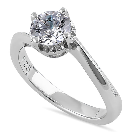 Sterling Silver Single Stone Curve Round Cut Clear CZ Engagement Ring for Women, Round Cubic Zirconia, Promise Ring Gift