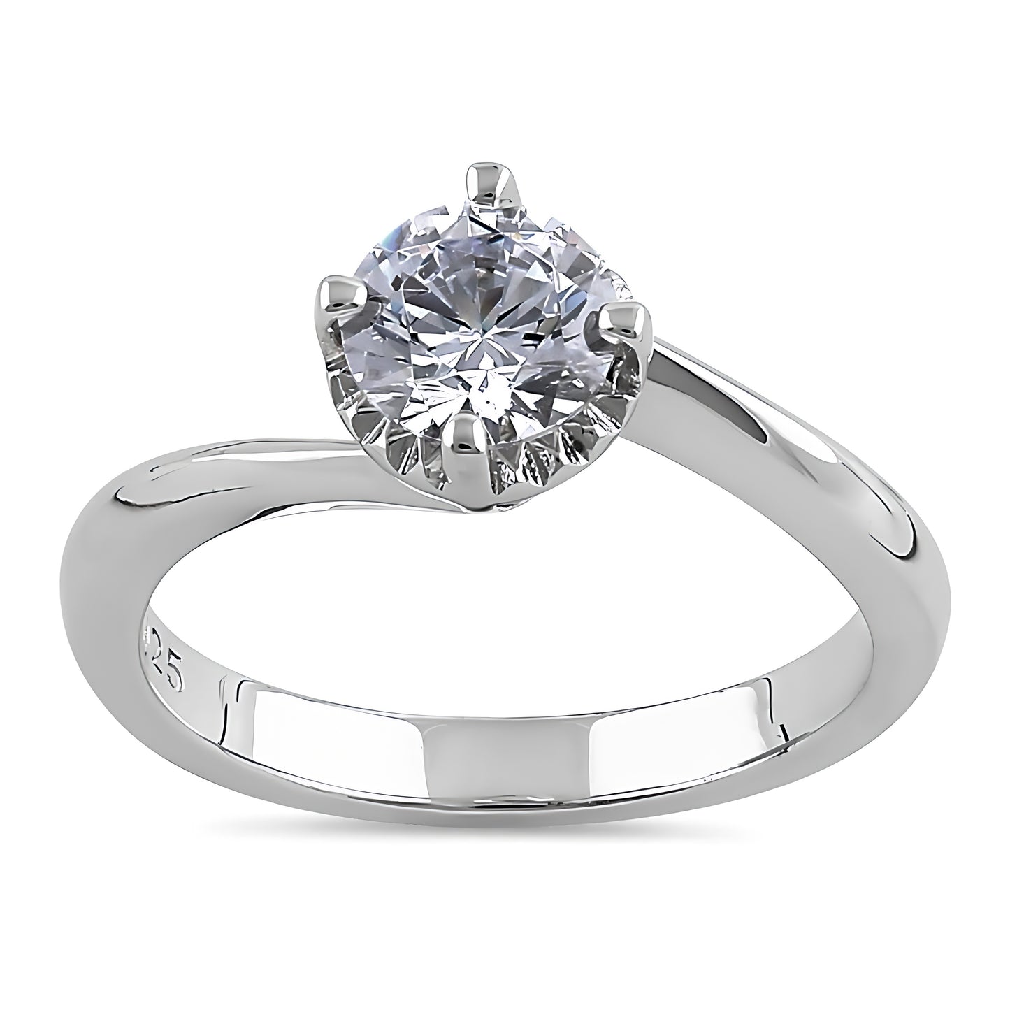 Sterling Silver Single Stone Curve Round Cut Clear CZ Engagement Ring for Women, Round Cubic Zirconia, Promise Ring Gift view 2