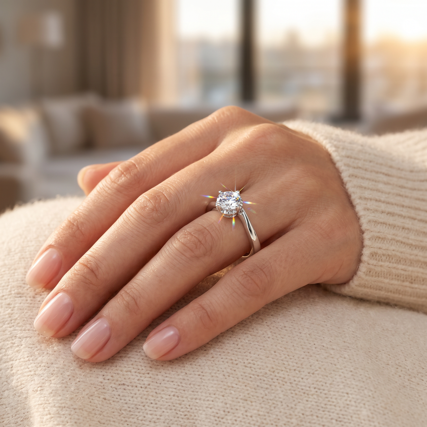 Sterling Silver Single Stone Curve Round Cut Clear CZ Engagement Ring worn on a woman's hand in warm window light