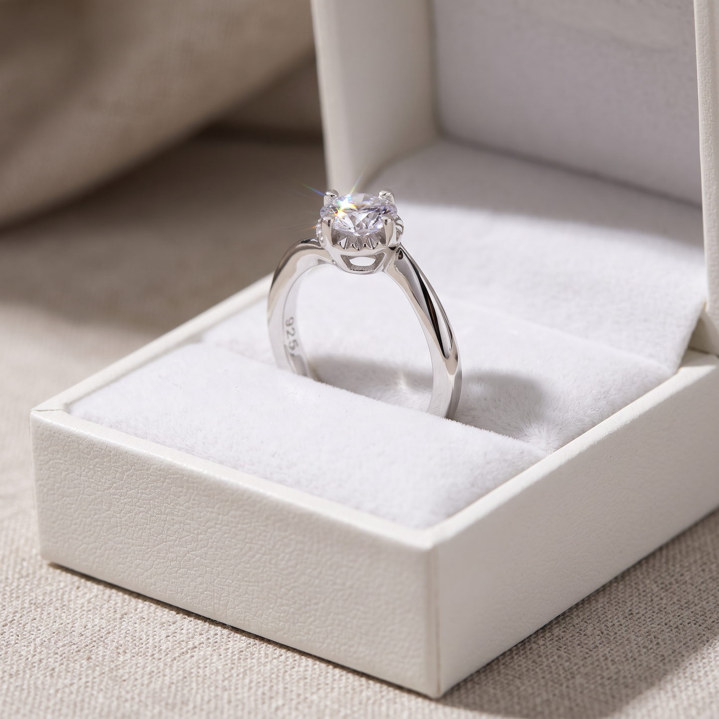 Sterling Silver Single Stone Curve Round Cut Clear CZ Engagement Ring in a white gift box, single stone curve round cut clear cz engagement gift for her