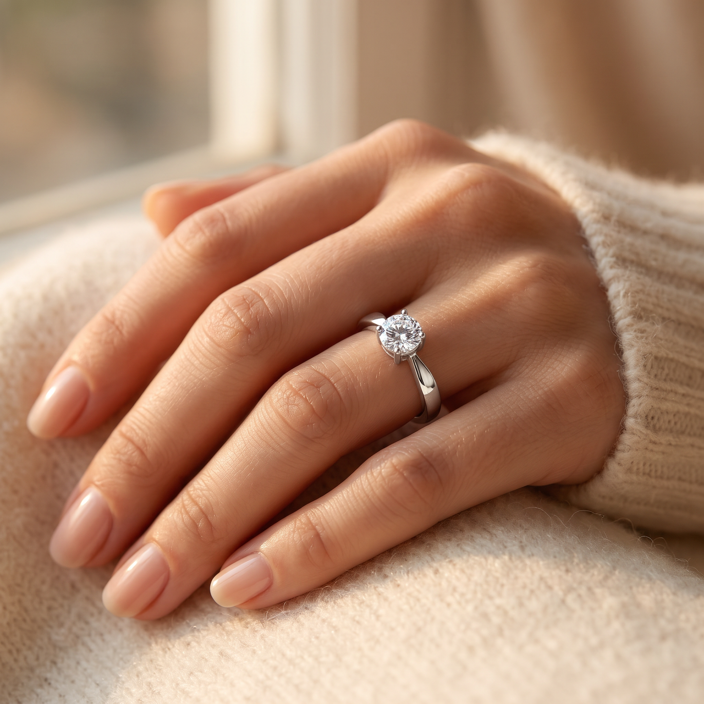 Sterling Silver 6mm Round Clear CZ Ring worn on a woman's hand in warm window light