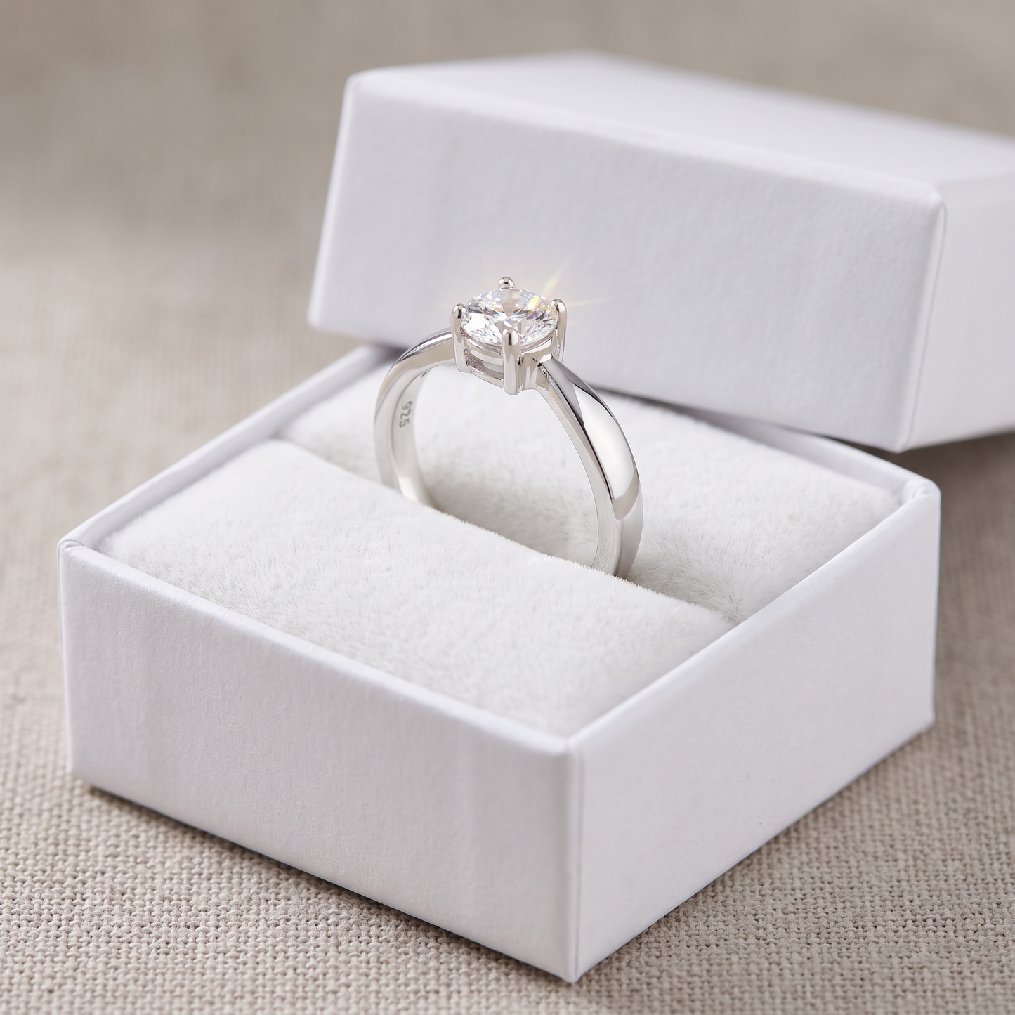 Sterling Silver 6mm Round Clear CZ Ring in a white gift box, 6mm round clear cz gift for her