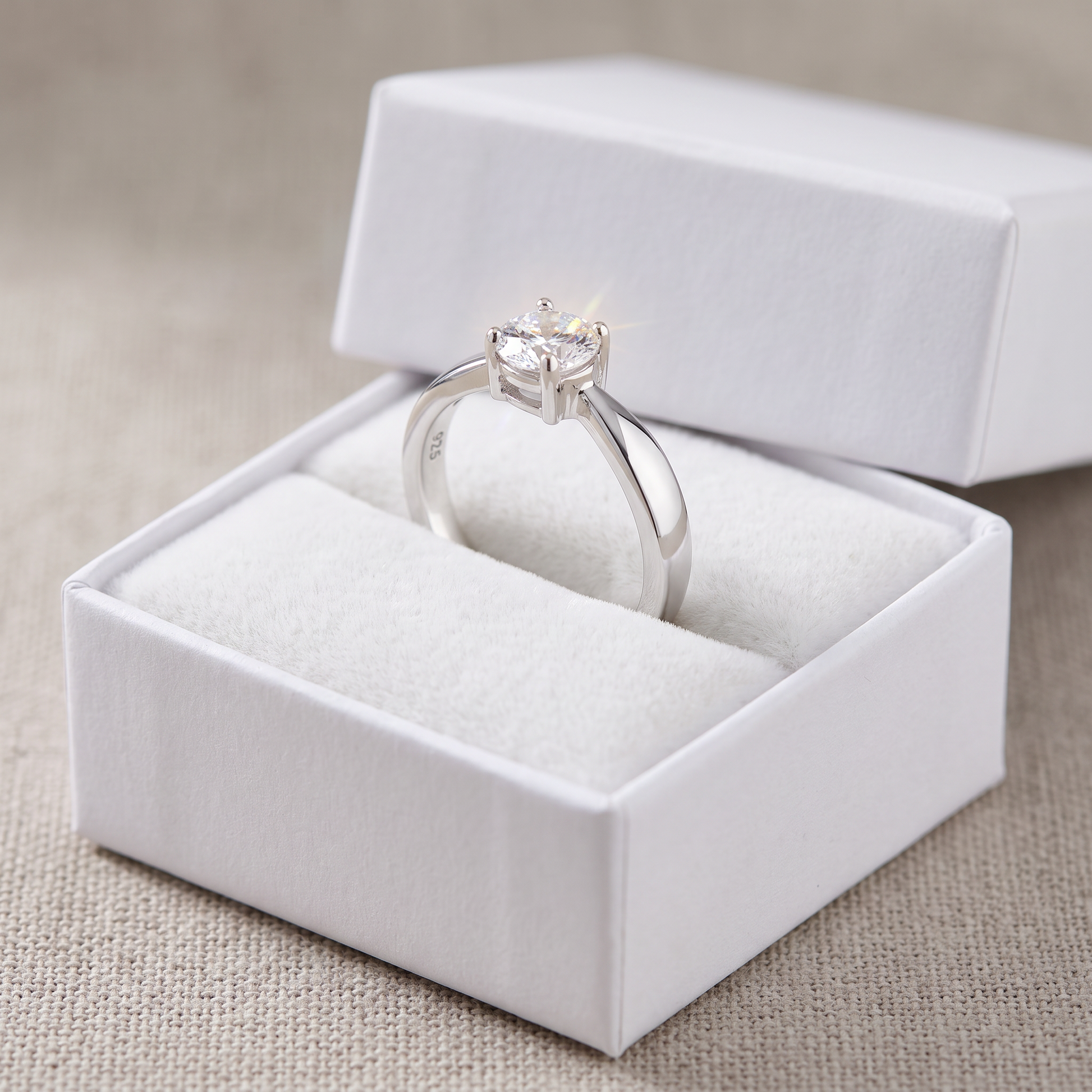Sterling Silver 6mm Round Clear CZ Ring in a white gift box, 6mm round clear cz gift for her