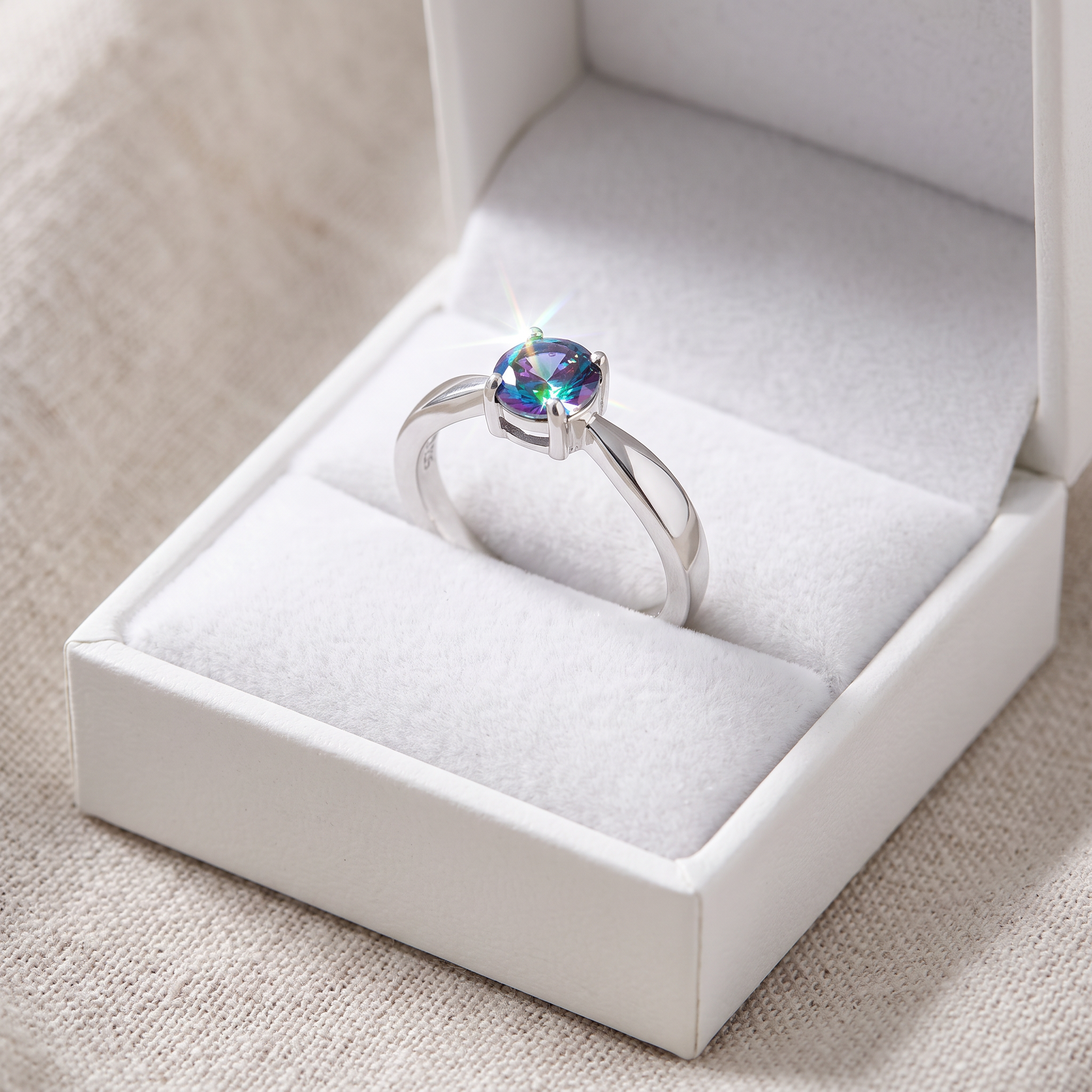 Sterling Silver 6mm Round Rainbow CZ Ring in a white gift box, 6mm round rainbow cz gift for her