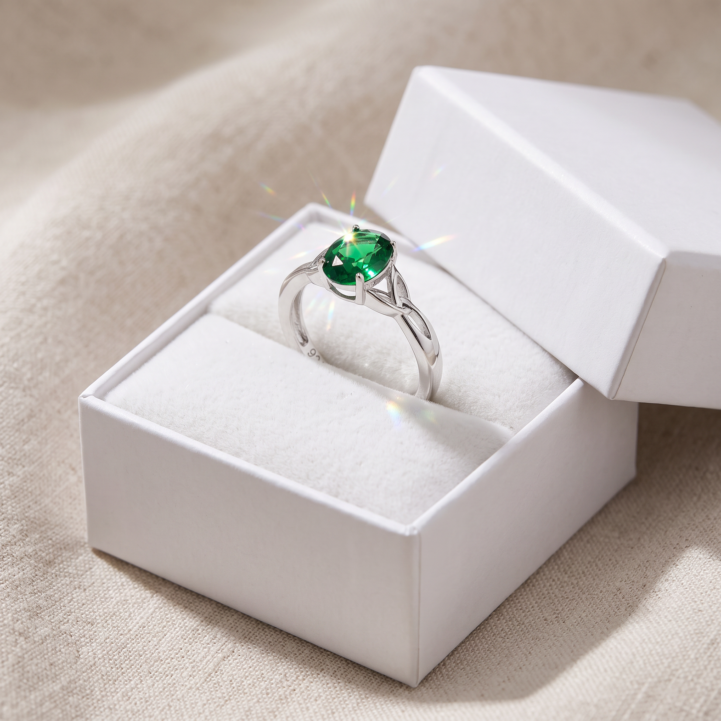Sterling Silver Charmed Oval Green CZ Ring in a white gift box, charmed oval green cz gift for her