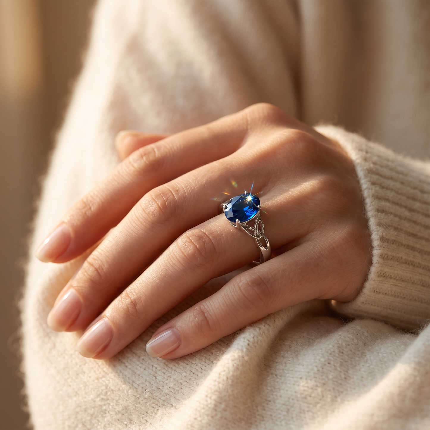 Sterling Silver Charmed Oval Blue CZ Ring worn on a woman's hand in warm window light