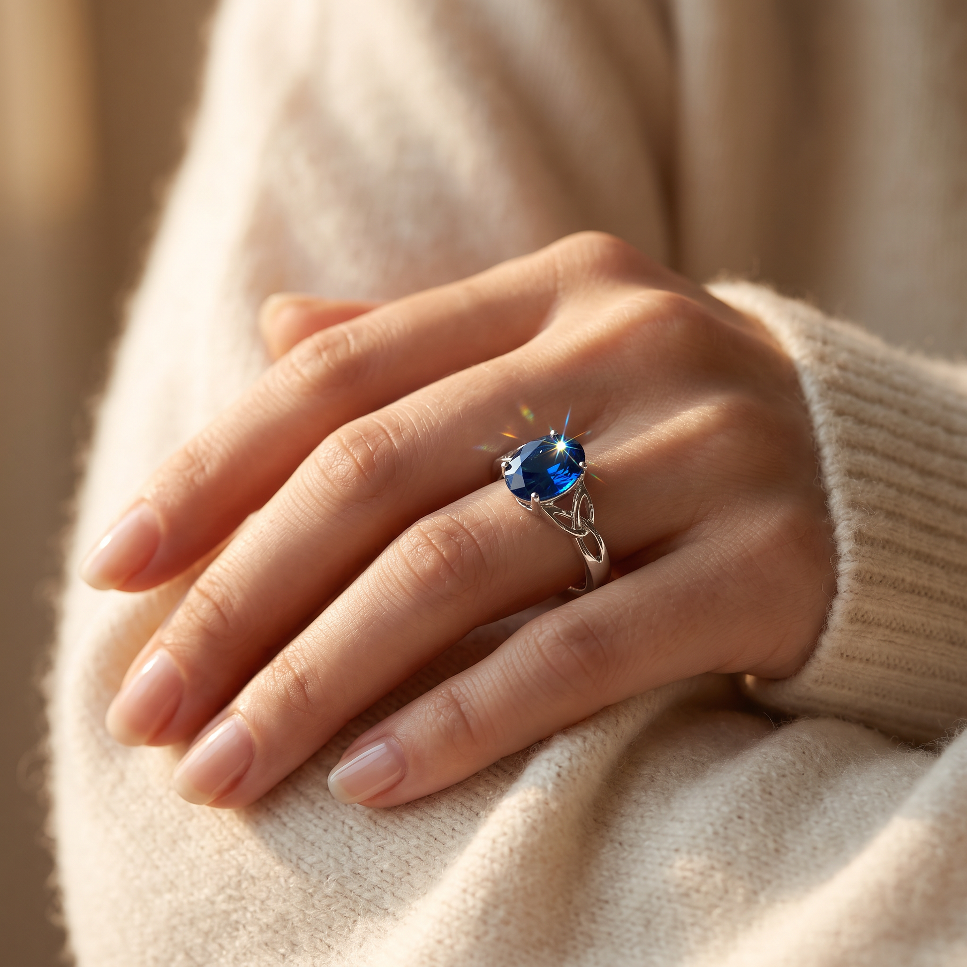 Sterling Silver Charmed Oval Blue CZ Ring worn on a woman's hand in warm window light