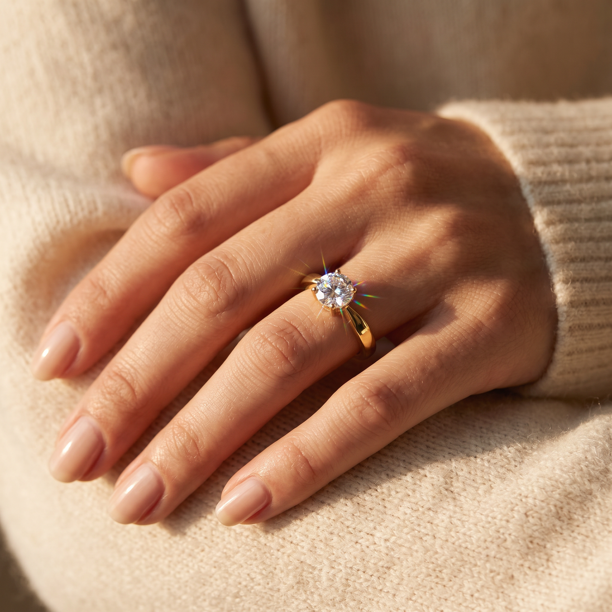 Sterling Silver 6mm Round Clear CZ Yellow Gold Plated Ring worn on a woman's hand in warm window light