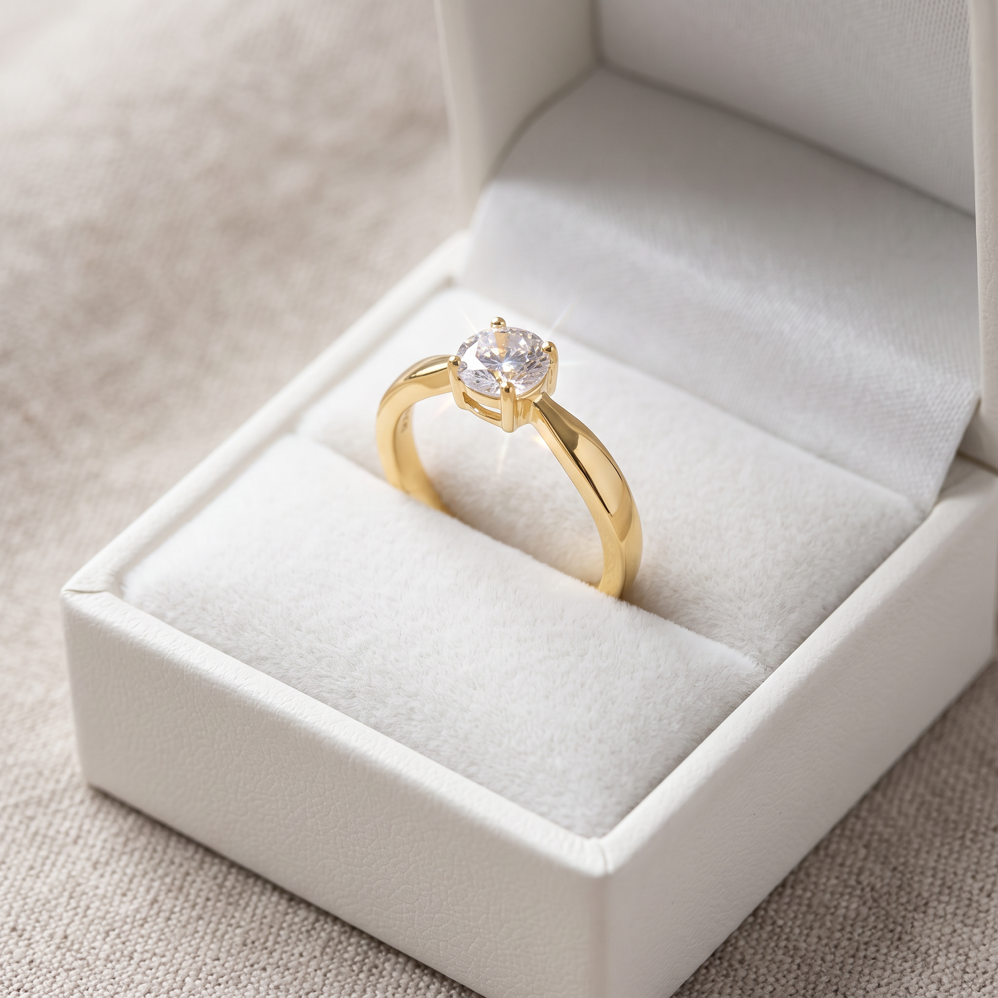 Sterling Silver 6mm Round Clear CZ Yellow Gold Plated Ring in a white gift box, 6mm round clear cz yellow gold plated gift for her