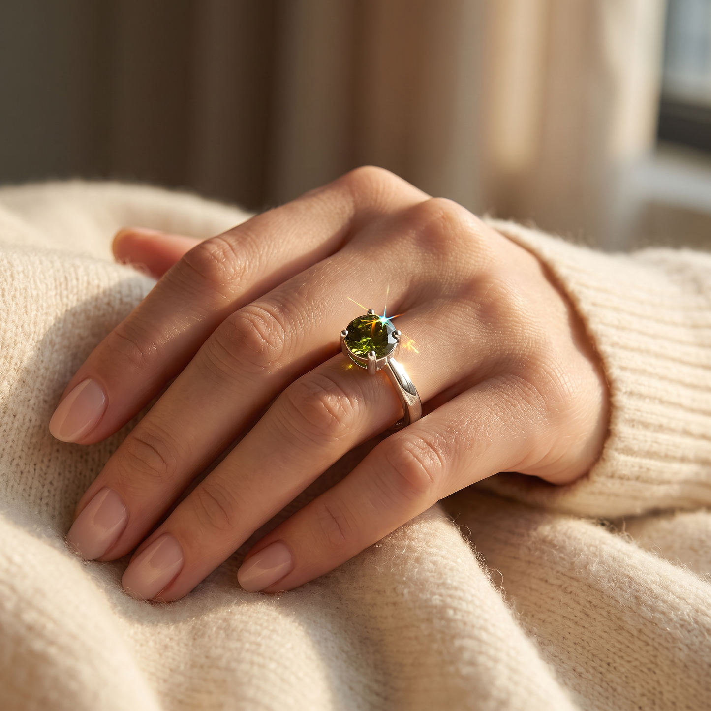 Sterling Silver 6mm Round Peridot CZ Ring worn on a woman's hand in warm window light