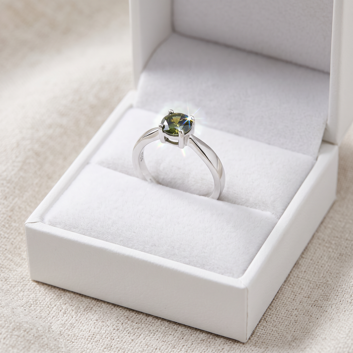 Sterling Silver 6mm Round Peridot CZ Ring in a white gift box, 6mm round peridot cz gift for her