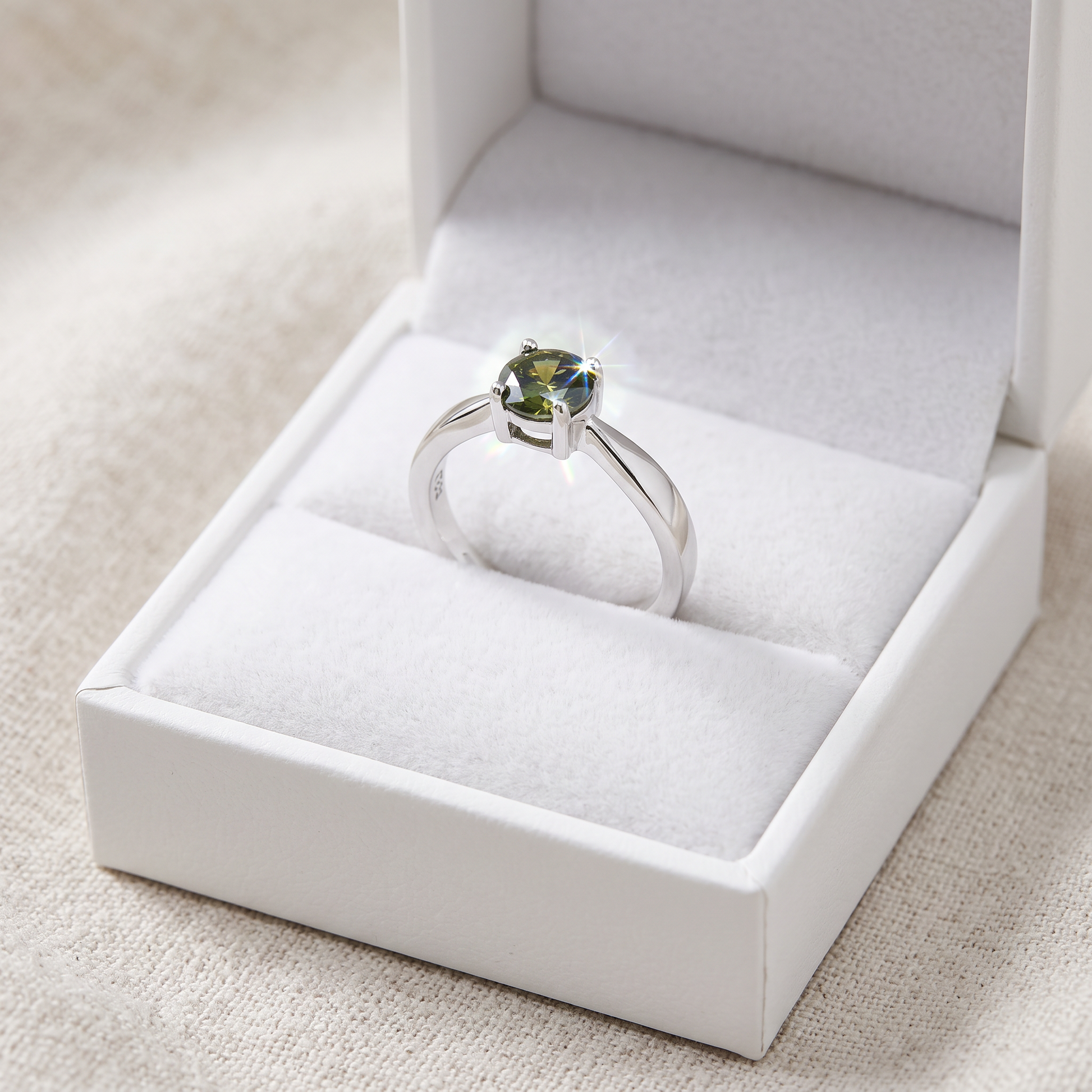 Sterling Silver 6mm Round Peridot CZ Ring in a white gift box, 6mm round peridot cz gift for her
